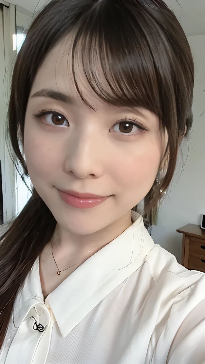 Face close-up、Background is white、Japanese、２０age、Beautiful face、Long hair、Light makeup、The front hair is even