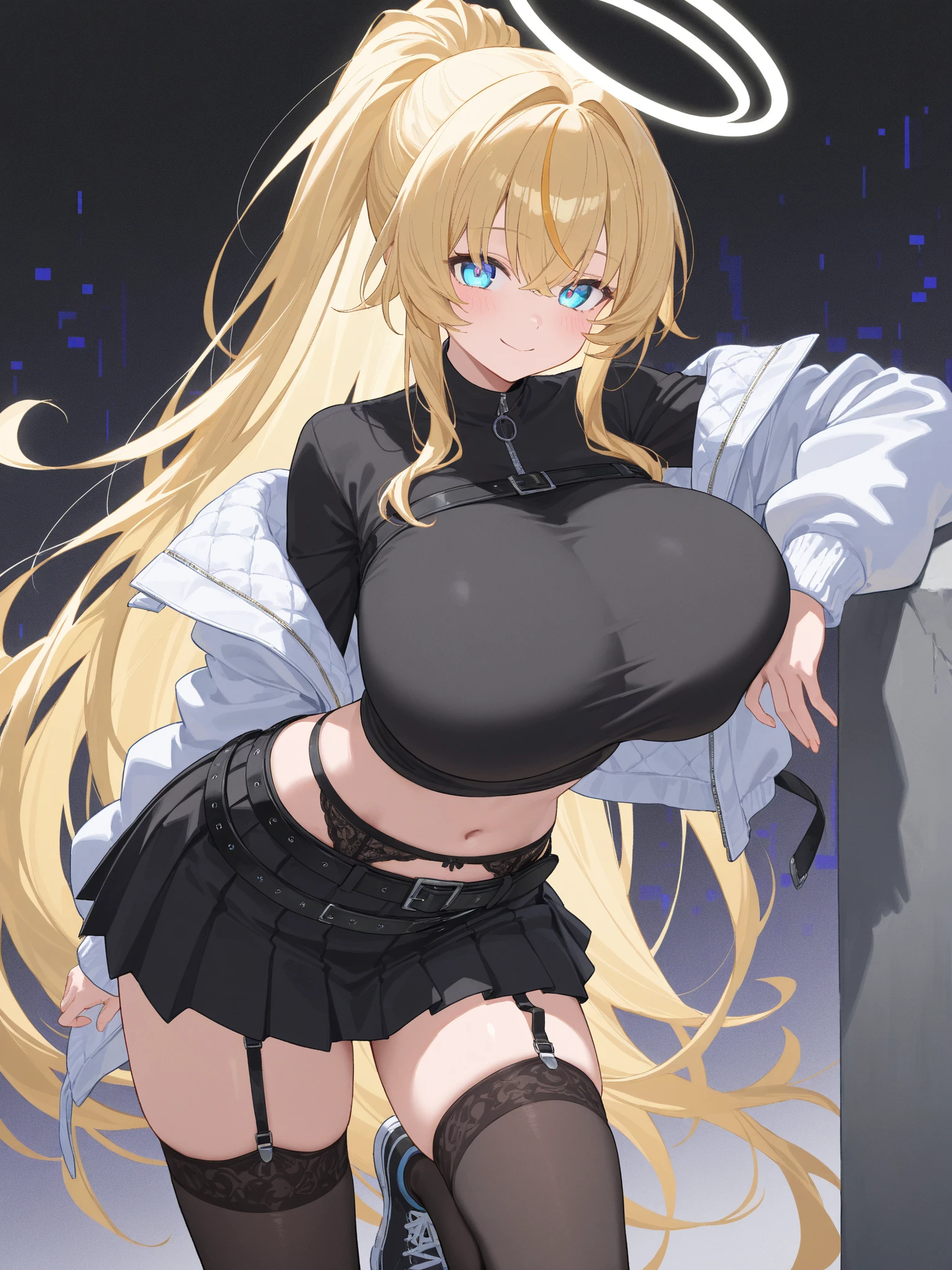 masterpiece, Highest quality, One girl,Reines El-oi Archisorte,(One middle finger),Put one hand on your hip,Black bodycon dress,Black underwear,Micro Dress, Shiny Dress, (Elbow hand pockets), belly buttaist cutout,mini skirt,Thigh-high socks,clavicle,Large areola,Pipples,Tits,Gubic haiO-ring, necklace, bracelet, Golden, jewelry,Hoop Earrings,Sweat,vapor,Glowing purple eyes,Looking at the audience,brainwashing,Hollow Eyes,Sticking out tongue,despise,anger,Ecstatic expression,excited,Taunt,beret,avert your eyes,cowboy shot,Night Sky,Luxurious canopy bed bedroom,from below,
