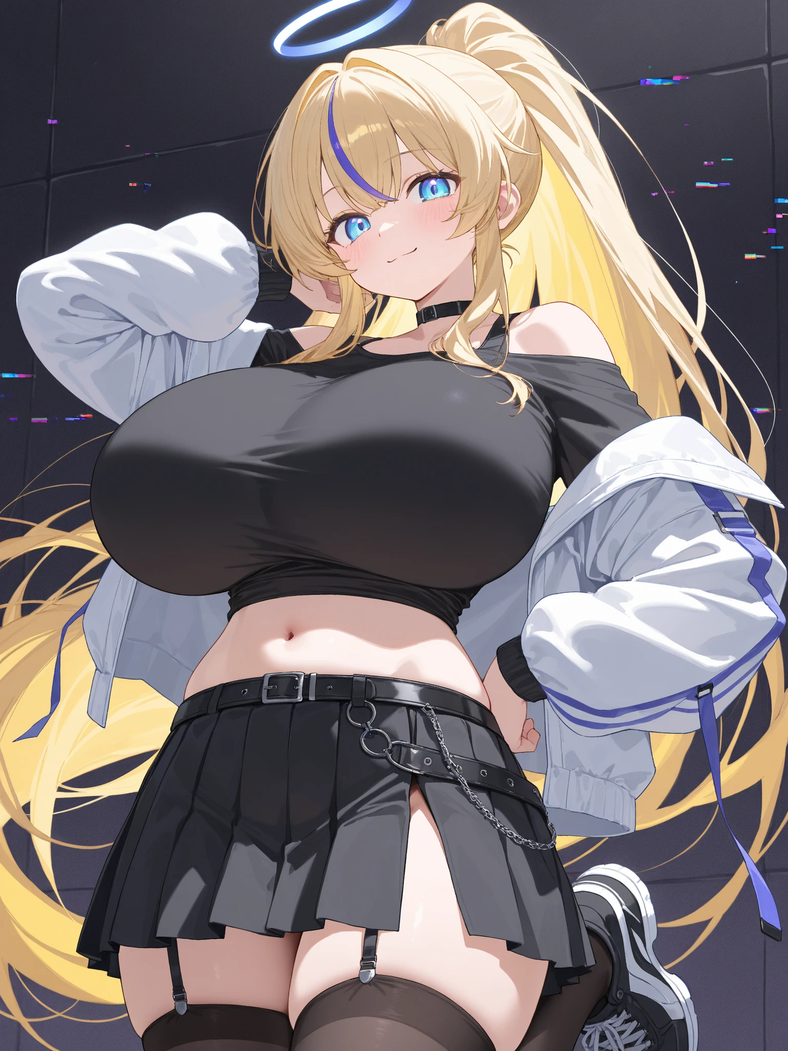 una chica rubia, alta, large breast size, usando sus bragas de color negro. una camisa corta que deja libre su abdomen, la camisa es de color blanco. estilo anime.