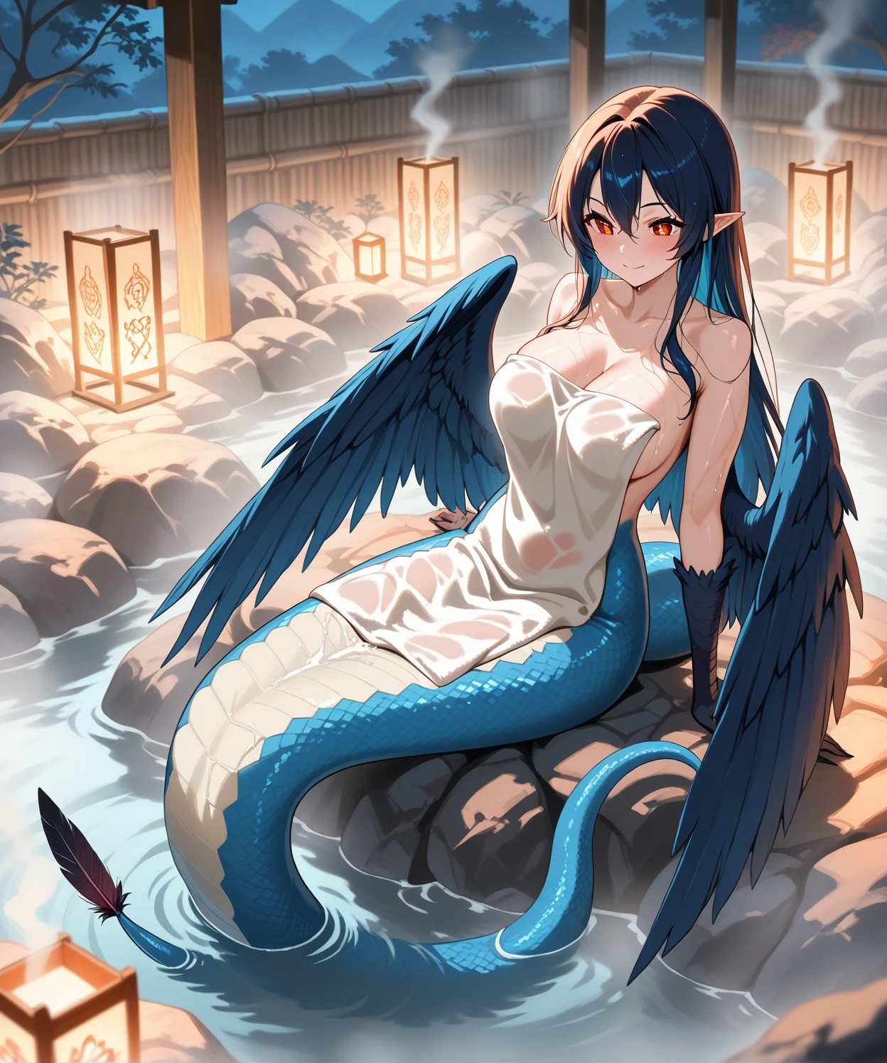 ((Highest quality、unity 8k wallpaper、32k、masterpiece、Very detailed、Ultra-high resolution、Ultra-high resolution、 Very detailedな顔, RAW Photos, Professional, Ultra-fine painting, Anatomically accurate lizard man)) Kotegawa Yui morphing into lizardwomen, kotegawayui, black long hair, yellow eyes, ((Reptilian eyeouth with sharp fangs、From shoulder to clavicle、Covered in fine scales up to the neck、(On the butt、A long, impressive lizard tail connected to the spine growing from the tailbone) 、Lizard legs with sharp claws、Fine blue scales growing like thigh-high socks、Fine blue scales growing like long gloves、Long fingernails)、Nipples in full view、((Fine scales on the flank、Fine blue scales growing around the waist, Scales on the back、Scales from flank to thigh))、The boundary between the scales and the skin is not clear、