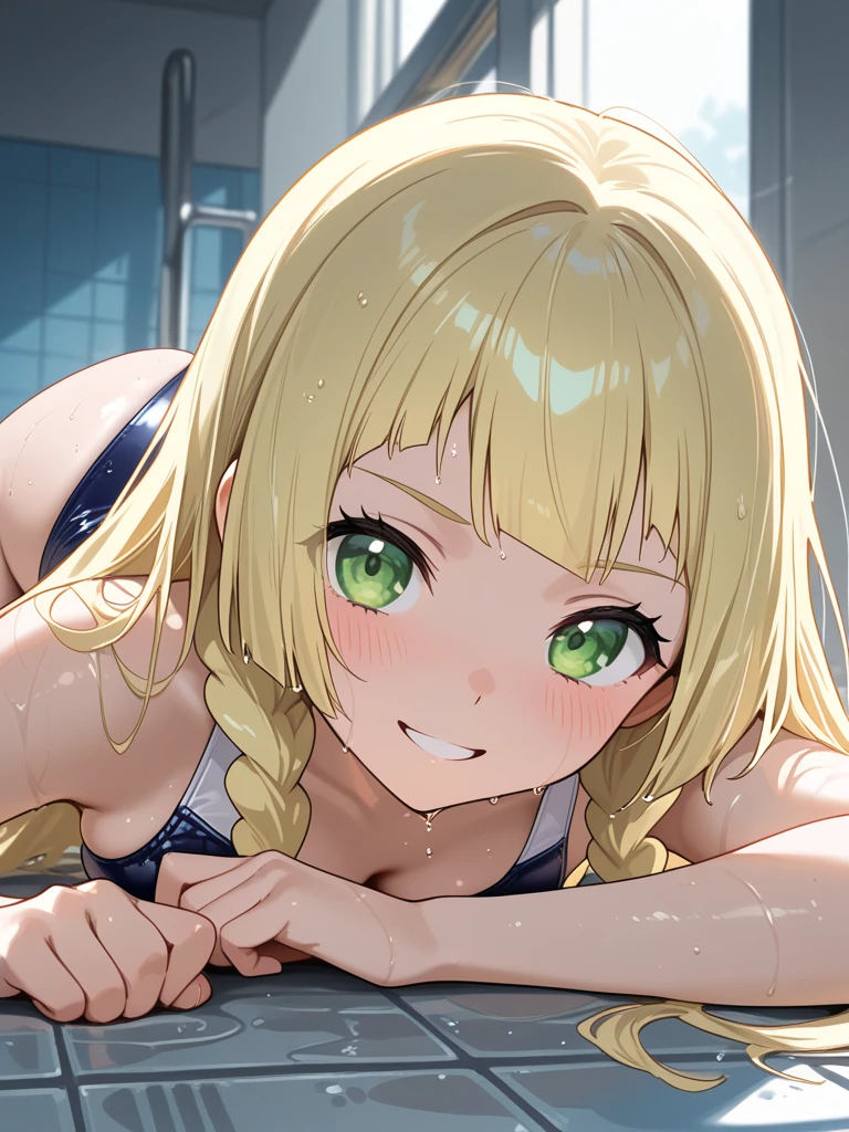 masterpiece,16k,8k,Delicate expression,highest quality,high resolution,High resolution,Sweat,1girl,look at viewer,blush,happy smile,sweat stains,steam,wet,fish eye lens,cowboy shot,summer,from front,from above,(pov:1.4),fisheye lens,upper body,open mouth,kiss,show off armpits,sleeveless,pool,blond hair,green eyes,cat eyes,sitting,school swimsuit