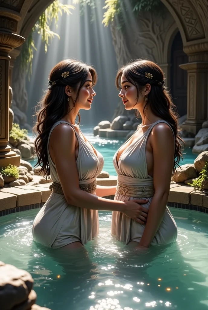 ((Realistic:1.5)),Ulzzang-6500:1.4,((Best quality)), ((Masterpiece)),((Detailed)),2girls,duo,{2 beautiful women}, (Upper body:1.3),Hug and touch each other, Tease your friend's waist, Breathless friends, Biting a friend's earlobe, crouched,super wide shot,Face focus, Long legs,Curvy, Barefoot,Wide hips, Thin legs, Oversized eyes,Long eyelashes, (Detailed face,beautidful eyes, detailedpupils,detailed clothes features, Clear background:1.3), (armlets, bangle:1.3), Mysterious ancient ruins, floresta exuberante, Deep canyon,bridge,River,cliff,Cloud,lakes,Rock music,Waterfalls, Flowers, Grass,grape trees,tree,bright detail,Sharp,Perfect compounding, Intricate, Sharp focus, Dramatic,