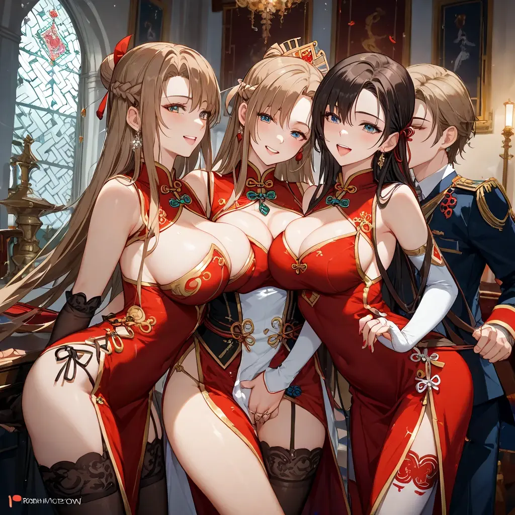 a woman with exaggerated large breasts, confident sitting on a throne, wearing a gorgeous red dress, a large ornate crown on her head, looking down at the viewer, detailed facial features, hyper-realistic, 8k, ultra-detailed, photorealistic, masterpiece, dramatic lighting, cinematic, oil painting、She is a Japanese woman、She is protected by the knights.