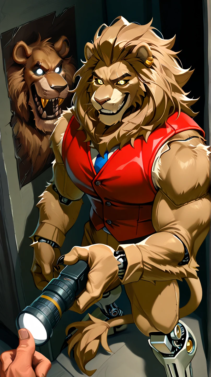 Security officer Dyne explores a closed dark abandoned Freddy Fazbear's Pizzeria. He's holding a flashlight, and is looking around Freddy Fazbear's pizzeria. Animatronic Cornelius is sneaking up him!!! BREAK Dyne is a black werewolf furry anthro fazbear security guard. He is smaller than Cornelius. couple, duo, 2 characters.
g score_9, score_8_up, score_7_up, score_6_up, dynamic pose,masterpiece,anthro, (Cornelius, Male, furry, Lion anthro, Medium muscular lion, no mane, brown, light brown lion, feline, long brown pony tail hair, lion ears, wearing tiny gold round glasses, , hands, standing, posing, good , arms, male , perfect , perfect body no defects, hands, 5 fingers, perfect hands, completely perfect body, 4k (Realistic eye details 1.2), fluffy fur, source anime, best quality, anthro, A muscular lion man with a strong build. He has a well-defined jawline and a serious expression. His fur is brown, pony tail long, and he has no mane, Mature male, anthro, feline, animatronic, robot, good drawn sharp teeth, no blur, red body, claws,sharp teeth, gold tooth, gold (metal),shredded ears, animal ears,ear piercing,jewlery, animatronic, robust body, friendly appearance, blue and white metallic fur, red vest, and gold accents, glowing eyes, warm smile, big dumb smile, Highly detailed, white sclera, yellow eyes, male,countershade,fur,white sclera,tall male,hairy male,one hooked hand,muscular male,damaged body,black robotic legs,damaged pec,high angle,close up. Fnaf, Pizzeria security office background. by null-ghost, masterpiece, best quality , furry, wolf, Two tons of fur, ( black fur :0.8), Broad shoulders, Narrow waist, monitors, camera, night, High Quality, Masterpiece, beautiful, s drawings on wall, Freddy Fazbear plushies, messy unkept place, spooky horror vibes.