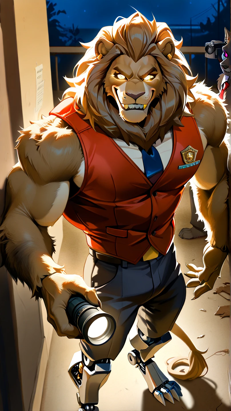 Security officer Dyne explores a closed dark abandoned Freddy Fazbear's Pizzeria.  He's holding a flashlight, and is looking around Freddy Fazbear's pizzeria.  Animatronic Cornelius is sneaking up  him!!!  BREAK  Dyne is a black werewolf furry anthro fazbear security guard.  He is smaller than Cornelius.  couple, duo, 2 characters.
g score_9, score_8_up, score_7_up, score_6_up, dynamic pose,masterpiece,anthro, (Cornelius, Male, furry, Lion anthro, Medium muscular lion, no mane, brown, light brown lion, feline, long brown pony tail hair, lion ears, wearing tiny gold round glasses, , hands, standing, posing, good , arms, male , perfect , perfect body no defects, hands, 5 fingers, perfect hands, completely perfect body, 4k (Realistic eye details 1.2), fluffy fur, source anime, best quality, anthro, A muscular lion man with a strong build. He has a well-defined jawline and a serious expression. His fur is brown, pony tail long, and he has no mane, Mature male, anthro, feline, animatronic, robot, good drawn sharp teeth, no blur, red body, claws,sharp teeth, gold tooth, gold (metal),shredded ears, animal ears,ear piercing,jewlery, animatronic, robust body, friendly appearance, blue and white metallic fur, red vest, and gold accents, glowing eyes, warm smile, big dumb smile, Highly detailed, white sclera, yellow eyes, male,countershade,fur,white sclera,tall male,hairy male,one hooked hand,muscular male,damaged body,black robotic legs,damaged pec,high angle,close up. Fnaf, Pizzeria security office background. by null-ghost, masterpiece, best quality , furry, wolf, Two tons of fur, ( black fur :0.8), Broad shoulders, Narrow waist, monitors, camera, night,  High Quality, Masterpiece, beautiful, s drawings on wall, Freddy Fazbear plushies, messy unkept place, spooky horror vibes.