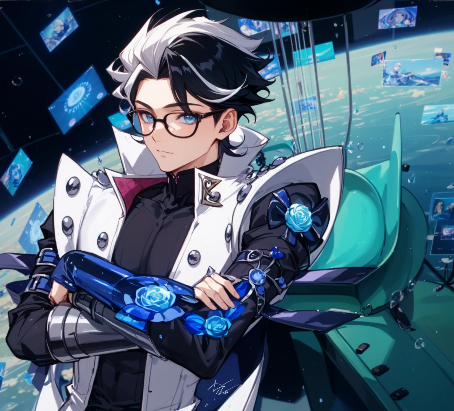 A man with a crew cut, a calm and rational expression, a wise gaze, wears a futuristic scientist's coat, primarily in shades of white, accented by touches of blue and purple, matching utility pants, standing in a mysterious laboratory of an ancient and advanced civilization, with a high-tech incubation tank emitting a faint glow in the background, this character embodies a finely crafted a futuristic sci-fi scientist in anime style, characterized by an exquisite and mature manga illustration art style, high definition, best quality, highres, ultra-detailed, ultra-fine painting, extremely delicate, professional, anatomically correct, symmetrical face, extremely detailed eyes and face, high quality eyes, creativity, RAW photo, UHD, 8k, Natural light, cinematic lighting, masterpiece:1.5