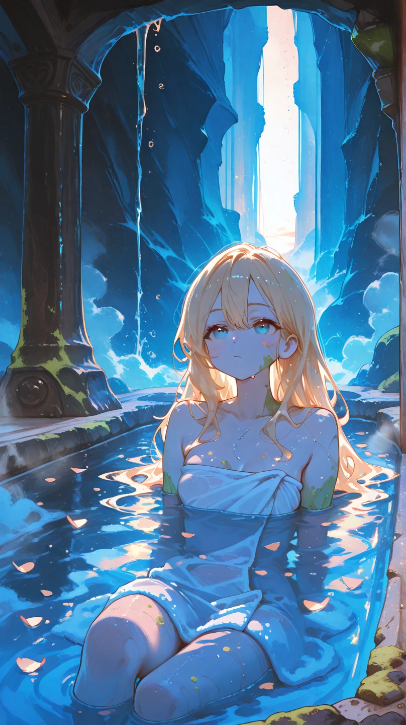 ((best quality)), ((masterpiece)), (detailed), fantasy, underwater, nude, long_hair, blonde_hair, looking_at_viewer, ancient ruins, sunk in water