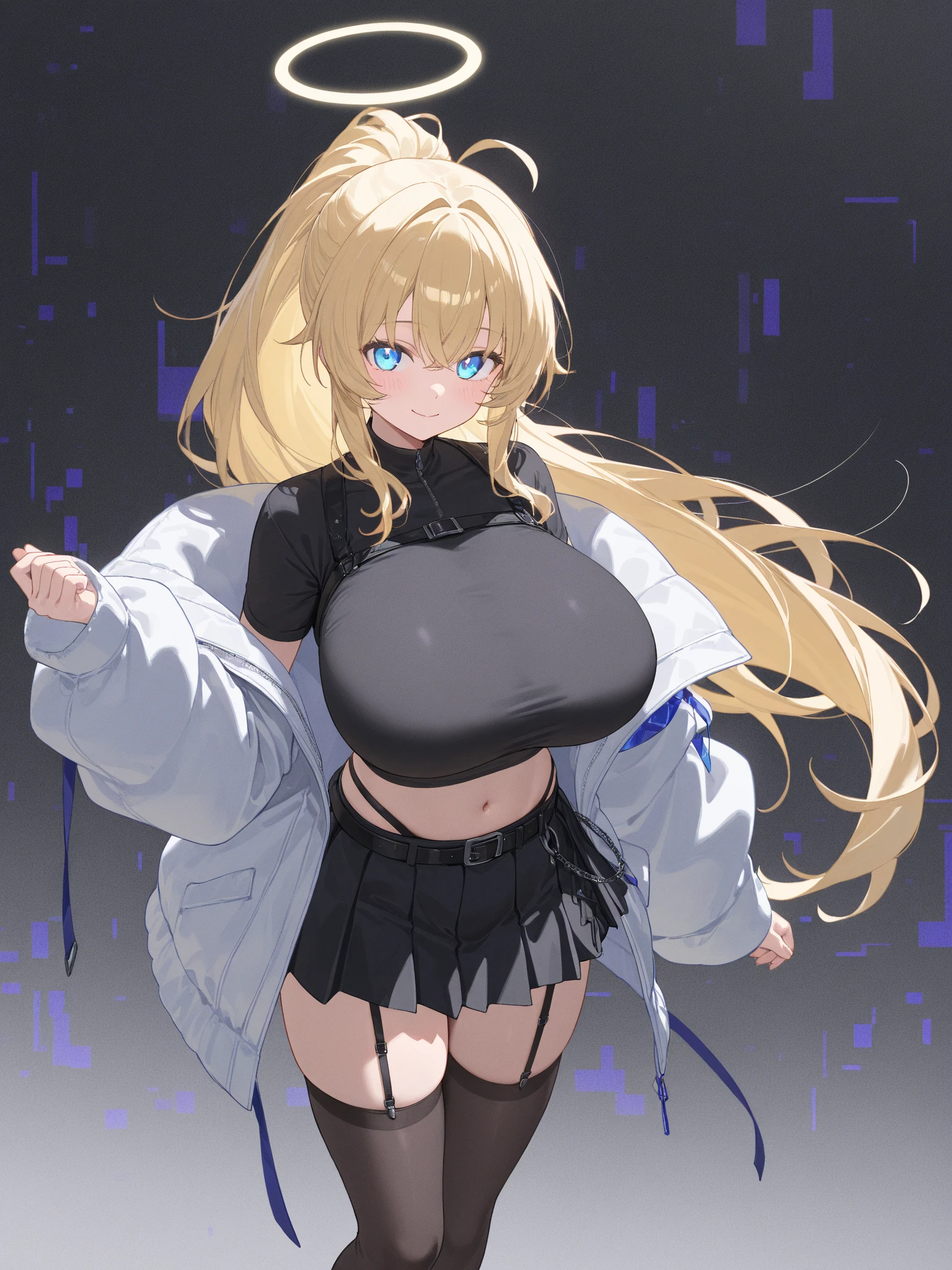 high school student blonde wavy hair cute beautiful girl blue eyes white t-shirt(The neck is black) black skirt(White check)(knees) clear outside In town big city building beautiful feet black choker(silver star) Fair skin smile from diagonally above(30 degrees) white socks black sneakers 屋outside black jacket(With zipper)(Open) clean hands black hood big breasts Beautiful butt Show too little Tawawa watch big breasts big ass