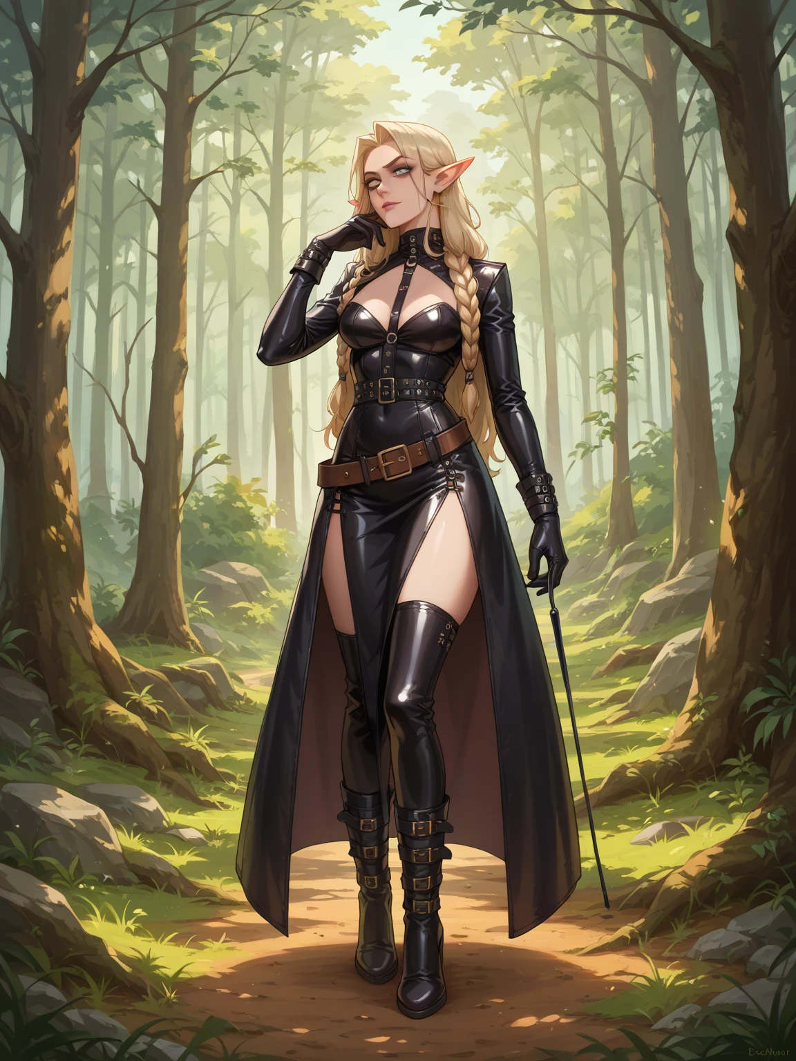 full body shot, a militantly sexy and stunningly beautiful long-haired green-eyed albino elf in a beautiful leather ultra-short skirt and a jacket with deep open cuts stands against the backdrop of a forest thicket on a forest alley shod in short boots, her legs are bare to panties, the back light is the sun's rays through the foliage of trees, front soft fill light,beautiful chiaroscuro on the body,shallow depth of field,high detail,clear focus,detail focus,photorealism,tranding on artstantion,mark ryden style --auto --s2