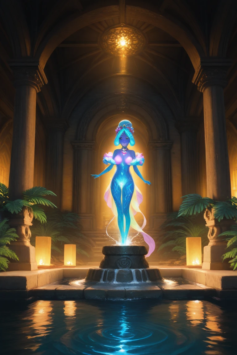 (((cerrar)))((translucid crystal statue of the goddess Aphrodite)), pecho enorme, cuerpo delgado, Cabello largo, vestido sexy, ((Halo de oro sobre la cabeza)), (Obra maestra), 8k, Ultra detalles, Dynamic lights and shadows, posando sexy de pie, en el altar oscuro del templo con adornos de flores