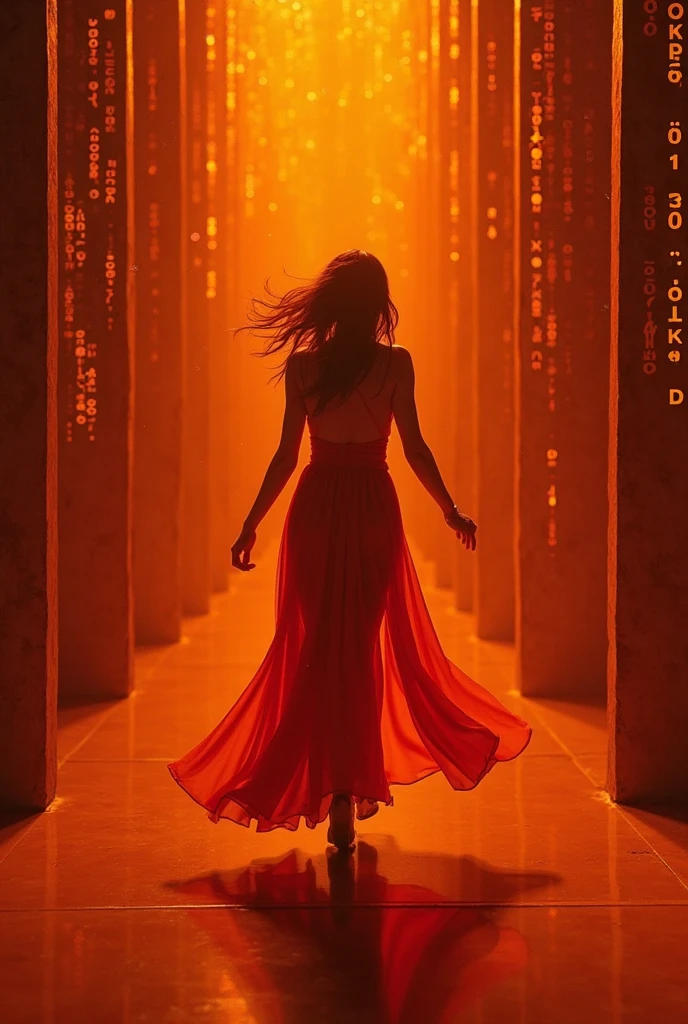a faceless woman dancing at the end of a dark hallway, wearing a big brown skirt with red flowers and very long black hair