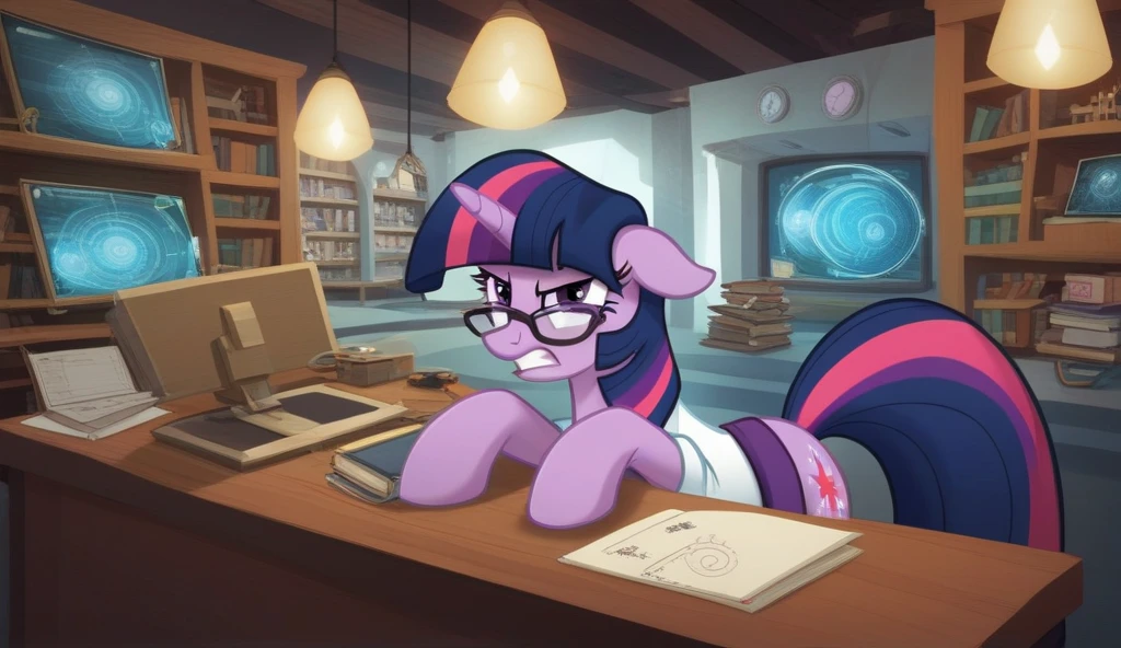 Twilight Sparkle, female, pony, ponytail, black glasses, very Shaggy fur, very soft fur, evil smug smile, in the living room 