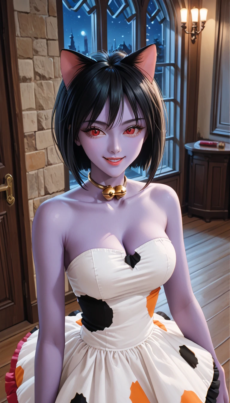 high quality, masterpiece, best quality, tmavis, 1girl, mature woman, forced smile, standing, blush, half-closed eyes, smile, empty eyes/no highlights (Leaning forward:1.5), Arms Down, ((Perfect Anatomy, beautifull detailed face, Beautiful detailed eyes, beautiful detailed hair, Beautiful detailed body)), thick outline, Beautiful outlines, black outlines, hold your hands