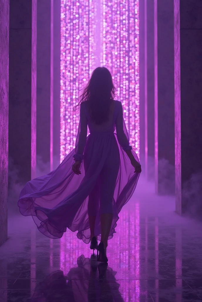 Woman turning stereo music into mono music, waveform, particles, digital art, 8k, pink, purple