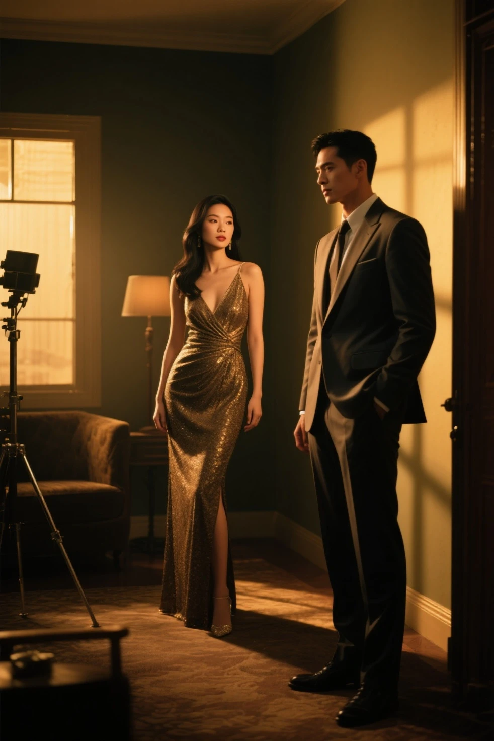 Ambiguous scene,Man kneeling in front of woman, Luxurious palace, Volumetric Lighting. Very detailed.)