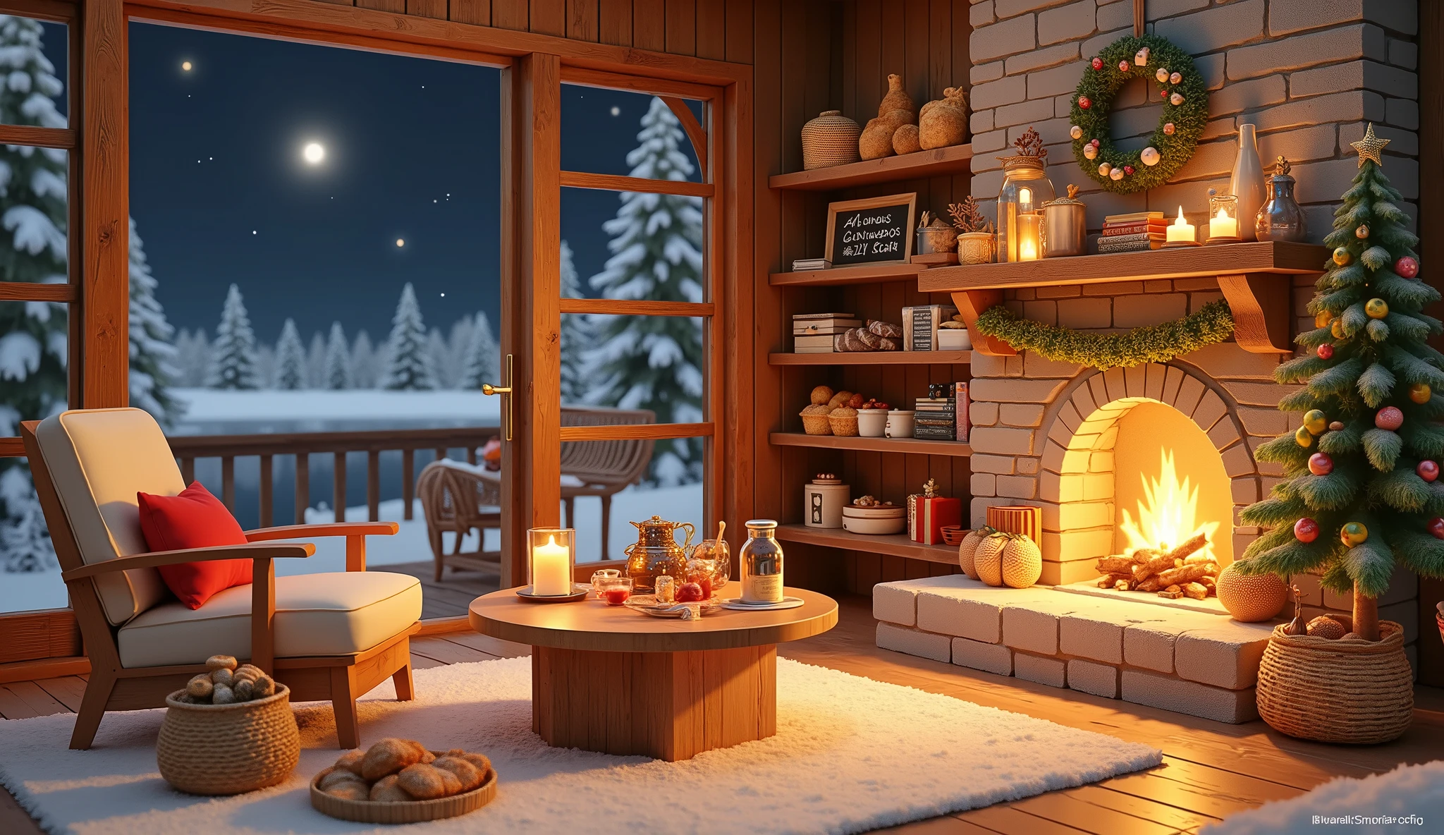 Cozy cabin with fireplace, không có cây Giáng sinhThe scene depicts a Cozy cabin with fireplace, without a rustic cafe Christmas tree, overlooking a beautiful Tranh sơn dầu và acrylic trên vải, một căn bếp của nhà bà ngoại vào ban đêm. Cảnh được dựng theo phong cách Ghibli, Tác phẩm sử dụng các màu sắc nhẹ nhàng và kết cấu sơn bằng tay để tạo ra một không khí thanh bình. Nó nắm bắt được tính thẩm mỹ của anime, kết hợp "nghệ thuật lo-fi" và những cảm hứng mùa hè với độ chi tiết cao và độ phân giải siêu cao để tạo ra một hình nền kiểu hoạt hình đẹp mắt. .
The interior has a wooden counter , on which a shiny metal coffee pot shines , symbolism of the art coffee floor and welcome . Under the counter , a glass display cabinet showcases fresh bread and pastries , man who fits the suit perfectly .
Beautiful rustic details, stone fireplace that fits snugly against the small brick wall and raw wood add a little extra special to the space.
Comfortable design wooden chairs arranged along the counter , ideal for a relaxing holiday . Back , a wooden shelf filled with bread and rustic bread brings order and touches , while a blackboard with the inscription " cafe" displays the prices of products attractively .
on the outside , được bao phủ bởi một lớp snow , creates a contrast with the warmth of the interior .
A wooden armchair with soft cushions arranged around a rustic coffee table , with a harmonious layout : a bottle reused as a tree vase , a cup of steamed coffee and a scented candle radiating accessories . Next to the characteristic gray color , a small sedge basket containing books and decorations , enriches the atmosphere .
The surrounding landscape is to enjoy the dark winter night sky , Earthy yellow light reflecting on the surface of the small lake . perfect for contemplation and meditation .Instagram viral cave living room with fireplace, coffees, Foods , cozy balcony. snow . without person