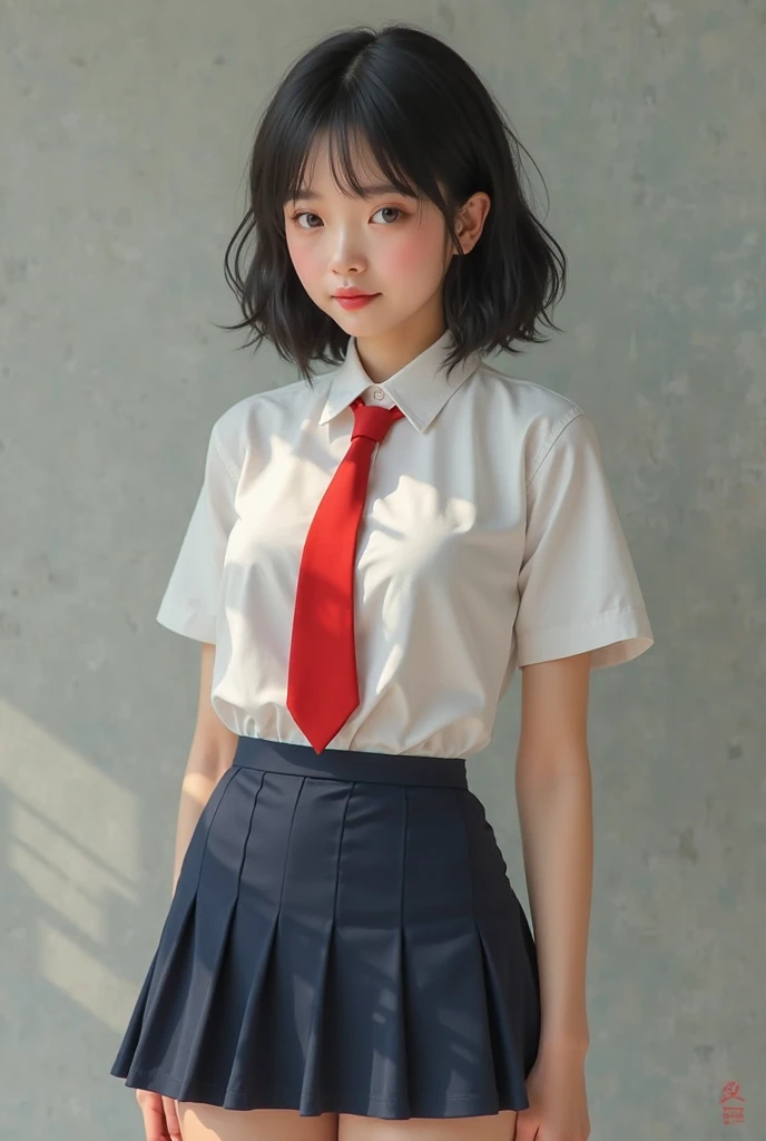 Simple background, very young and cute Japanese junior high school student, photorealistic, natural skin texture, no makeup, , childish face, small build, lifting skirt