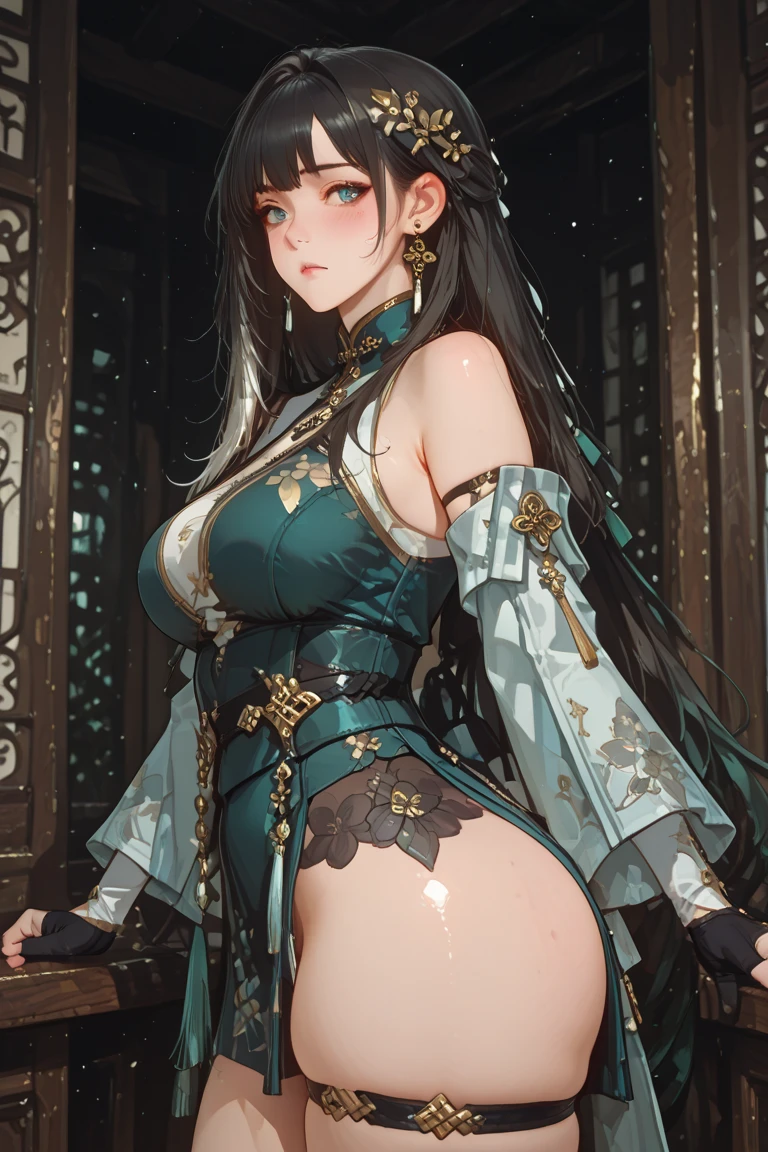 photorealistic, high resolution, 1women, solo, hips up, jewelry, tattoo, wavy hair, hanfu