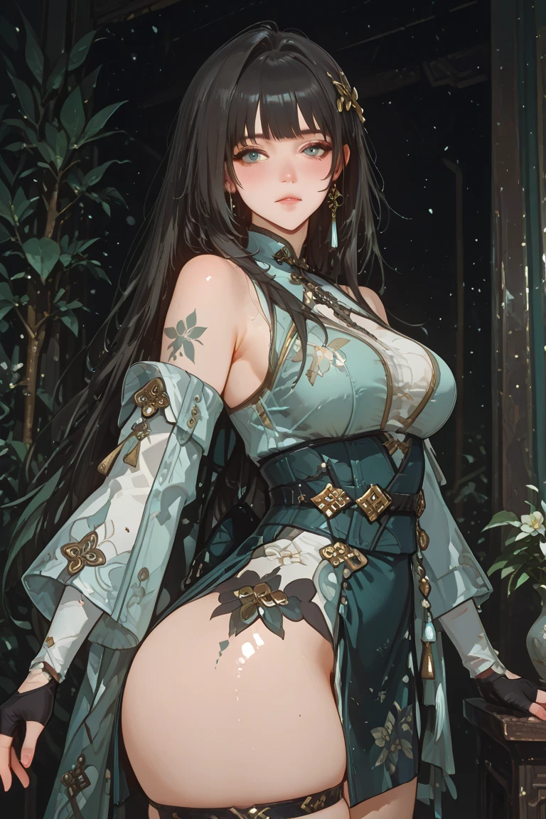((Highest quality)),(Ultra-high resolution),(Super detailed),(Detailed Description),((The best CG)),(masterpiece),Highly detailed art,(Chinese fantasy art with intricate details:1.5), ( Lady:1.7),(Mysterious Sparkle:1.3),(Beautiful and well-proportioned face:1.5),(Deep green eyes:1.4),(High-knitted black hair:1.6),(Intricate and intricate costume ornaments:1.5),(Colorful Hu clothing with gorgeous embroidery:1.8),