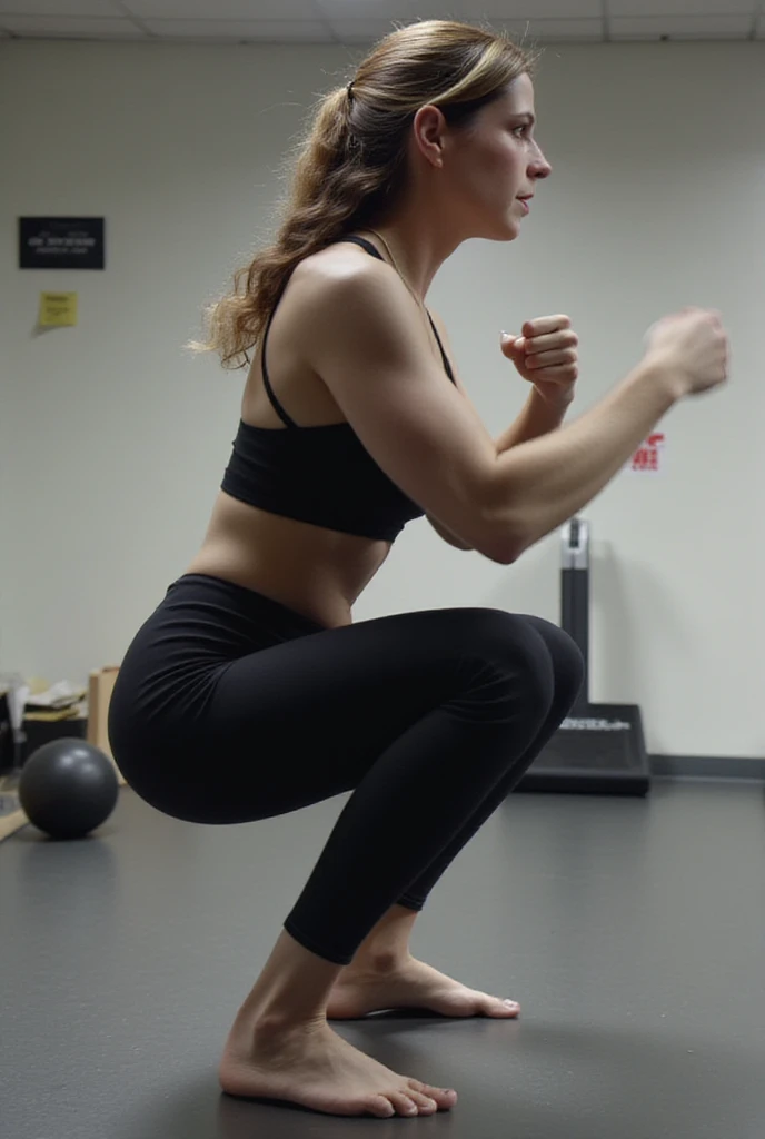 Beautiful 17 year old woman, side profile photo, round buttocks, lycra pants, gym photo