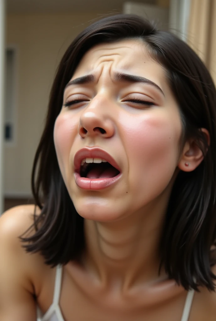 beautiful japanese actress、1 girl,debris flies,,award winning photos, very detailed,face focus, double big eyes(woman with open mouth and closed eyes ), 18-year-old、black hair、shiny skin、(((close up of face)))、realistic nostrils、elongated nasal cavity,,,、apartment emergency stairs, landing of stairs,((Outdoor fire escape staircase,))squat、((random color open cardigan))、big breasts、(sharp nose)frown performance:1.4,,performance,frown,please raise your head、Skin shiny with sweat,oily facial skin,tied hair,Squat down and give a blowjob,female teacher,Squatting in the hallway、squat、50 degree hot room、Skin shiny with sweat、wet transparent fabric,Sweaty all over my face,Face enduring severe pain、screaming face,Open your mouth wide and scream,((woman on top,vagina,sex,))