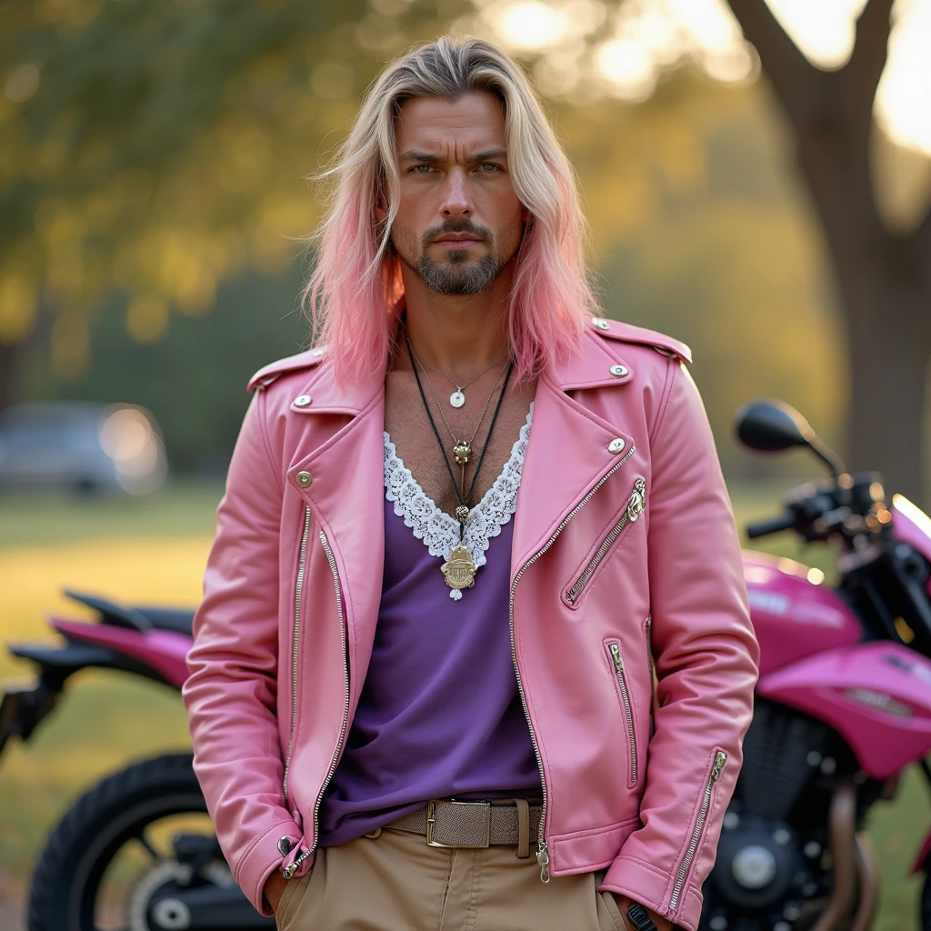 full view full body, 25 yo white tanned and bodybuilded blond with perfect haircut Ken (Ryan Gossling) wearing light-pink sexy fashion clothes, pink socks, jewelery, sunglasses, sitting on his pink motorbike by Miami beach, Florida, realistic photo