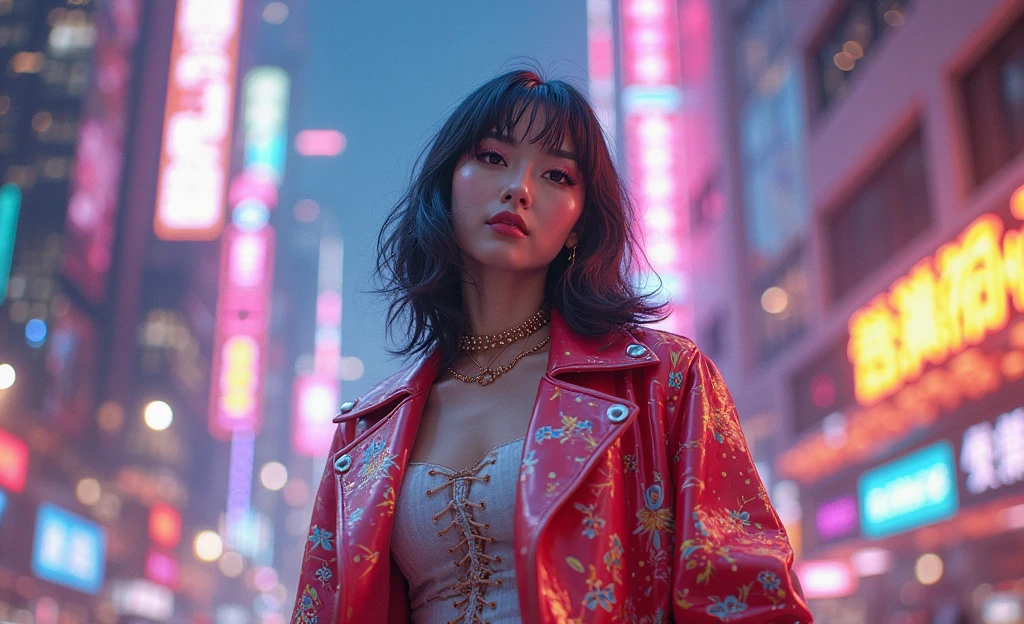 (1womanl),(Tank Top) casual pants,(Rose red blazer),White Very Long Hair,(realistic detail),Alley background at night,dynamic compositions,Engaging pose,Soft and eye-catching lighting,shallowdepthoffield,Clear details,highly detaile, Ultra photo realsisim, 50mm lens, Nature blurred background,(Shot above the calf), (exposed cleavage)
