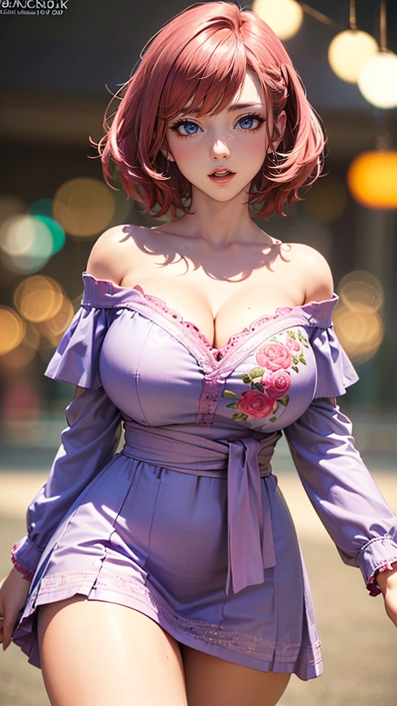 ((Highest quality, 8k, masterpiece :1.3)), (Sharp focus :1.2, Beautiful woman with perfect figure :1.4, Slim Abs), ((Big Breasts, Emphasize cleavage:1.2)), (Photorealistic:1.4), (realistic:1.4), (Pink Hair:1.5), Highly detailed face and skin texture, Fine grain, double eyelid. Makeup face, A little bit of lipstick, sex appeal, Sexy gravure pose, ((Sexy girly beauty in a purple flower print dress。Leaning against a tree in the woods、Smiling and looking at the camera。A pretty bracelet shining on your arm。:1.3)