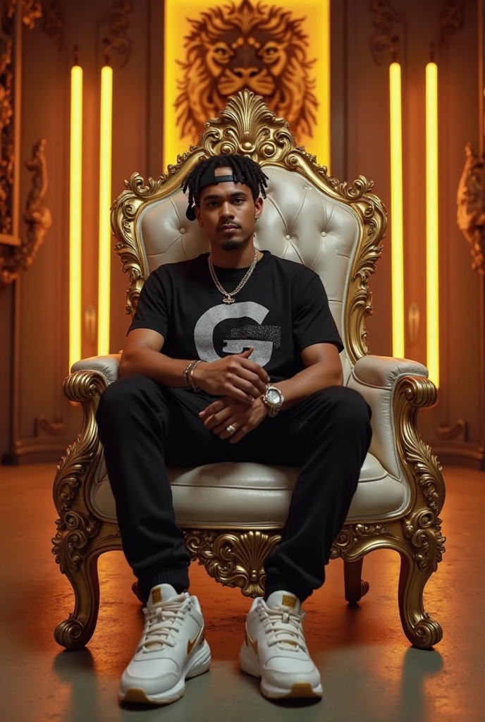 Generate a high-quality 3D photo of XXXTentacion sitting in an armchair with his arms crossed, a table in front of him, wearing a gold chain around his neck, and the word 'Luiz' written in the middle of the chain.
