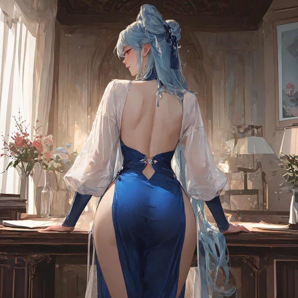 8K、top-quality、An ultra-high picture quality、ultra-detailliert、full bodyesbian、Looking at the camera、Beautuful Women、Long blue hair ponytail、shinny skin、Very gigantic-breasts、extremely big ass、shinny skin 、bathrobe、Pubic area without pubic hair --auto --s2