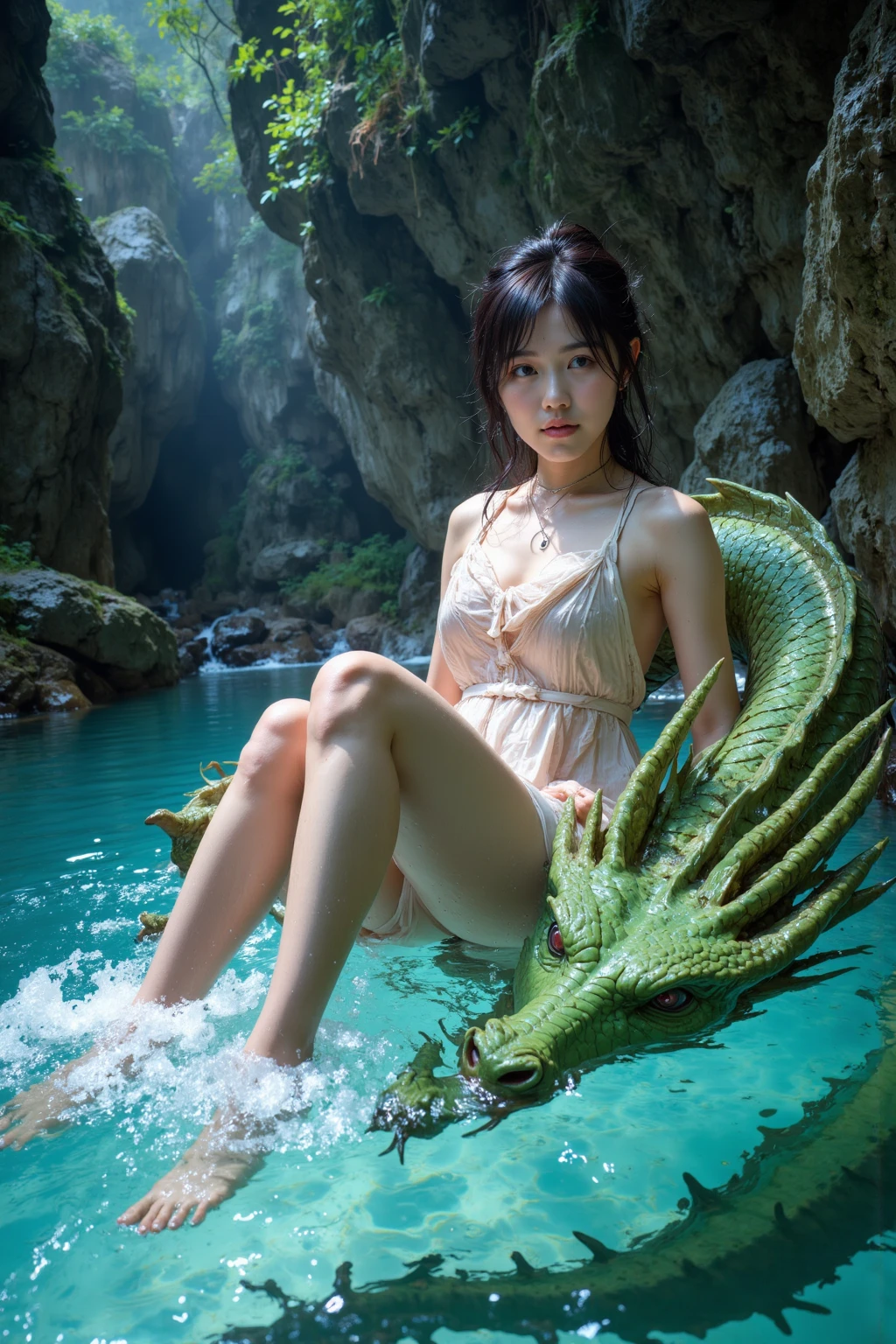 (msterpiece:1.3), (8k, RAW photo, best quality: 1.4), beautiful face, beautiful hairstyle, beautiful detailed eyes, beautiful skin, absurdres, attractive, ultra high res, highly detailed,NSFW, 1 girl in abandoned underground basement, big breast,facial close up,necklace,arms behind back,evil smile,knife,light long hair, ultra detailed skin,Heavy makeup, flower hairpin, naked,colorful patterned lace dress, dirty ground,on a rock,bondage,dirty rock,half body,spread legs, exposed pussy,