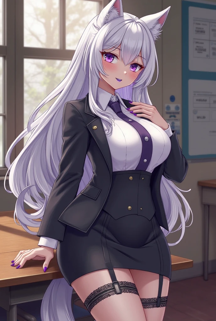 {One woman, 25 years old}{teacher}{Silver Hair、Long Hair}{Cross bangs}{Big Breasts}{Blue Eyes、Slanted Eyes}{Black suit、Low-rise pencil skirt、slit}{White shirt}{Black knee-high socks}{School classroom}{strong}{Cleavage}{Serious expression}{Squint your eyes}{Glare}{stand}{Open jacket、Umbilical cord、Unbutton your shirt、Put on the costume、nsfw}