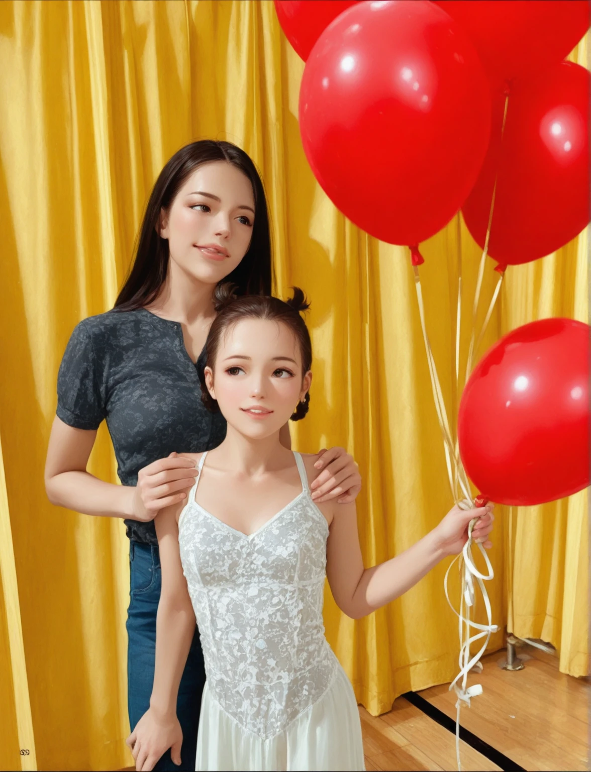 Best Quality, Masterpiece, Ultra High Resolution, (Realisticity: 1.4), Original Photo, Street View, 2girls, 25 years old women and 8years old girl, lady and little girl, mother and daughter, movie lighting, fashion model, cute, smile,