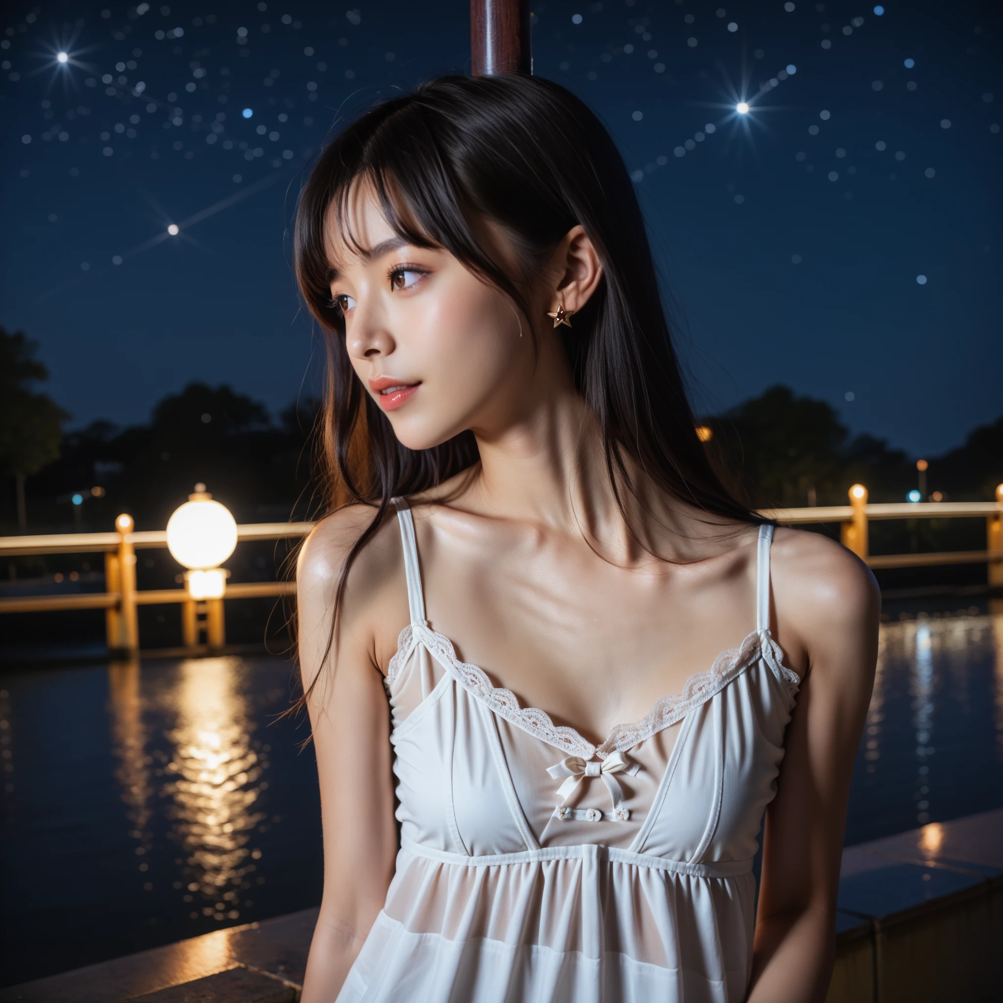 Top quality, 1 beautiful woman, super very short hair, with a chic, tousled updo and captivating blue eyes, under the starry night of a Greek island. She’s wearing a white, Grecian-style maxi dress, her pose is relaxed yet sophisticated, the Aegean Sea shimmering quietly in the background