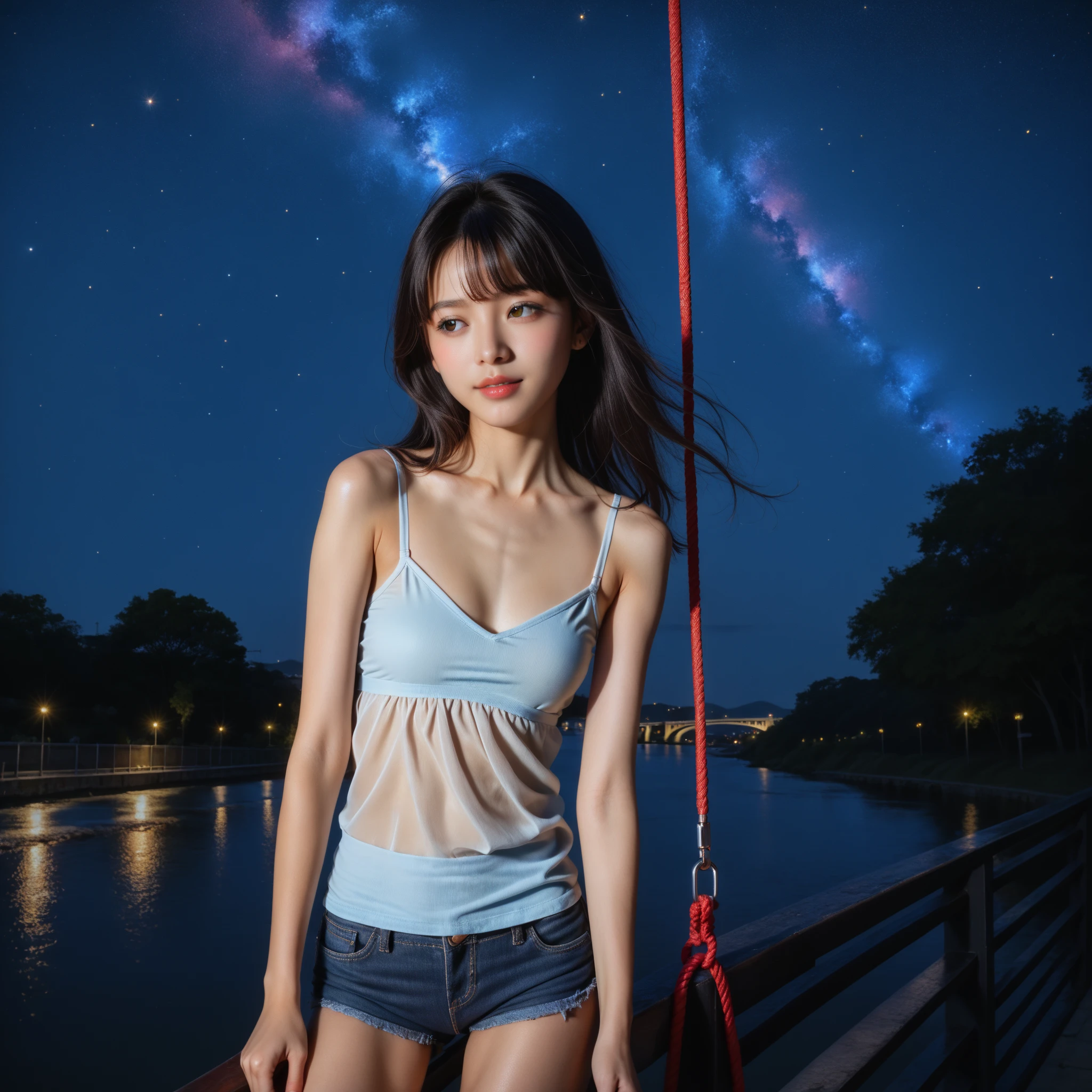(highest quality), Tabletop:1.2, 超A high resolution、Thin legs、((Late Night:1.4))、((Starry Sky:1.4))、((Shot in the back:1.4))、((lanthanum:1.4))、((90 degree knee:1.4))、((Cooking in front of the tent:1.4))、((Put your hands in front of your feet、Put your feet in the loop:1.5))、 ((Cowboy Shot:1.4))、((Shooting from below:1.4))、Realistic:1.4, RAW Photos, ((１In the tent:1.4))、((Solo Camping:1.4))、１girl、 (Wide-angle shot),  ((Dark blue tank top shirt:1.4)),(girl1人)、(15-year-old girl),  (Real Skin), ((Small breasts:1.4))、((Woman with short cut hair, Dark brown hair:1.4))、 ((Denim skirt that highlights your thighs:1.4))、((White panties are visible:1.4))、(Highly detailed face), ((:1.4)), (Highly detailed eyes), (Highly detailed nose), (Highly detailed mouth), (Ultra-precise arm), (Ultra high definition body), Pan Focus, Looking at the audience、((Girl with a puzzled expression:1.4))、((View your viewers:1.5))