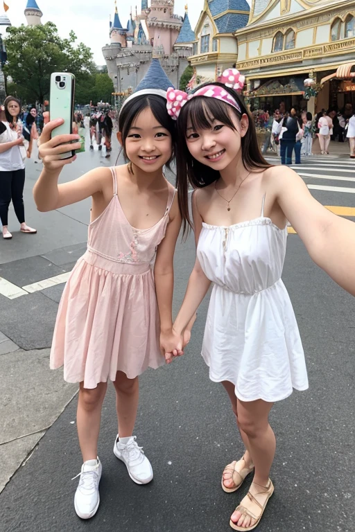 A young Japanese woman is smiling as she stands over a woman lying on the grass in pink sneakers, holding the hem of her white camisole dress, which has been blown up by a strong wind.