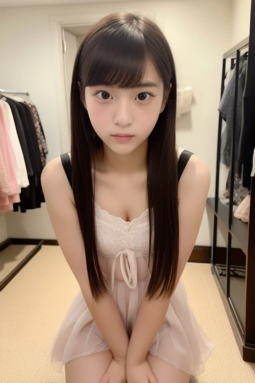 Photo quality,Masterpiece,Realistic,( old cute Japanese girl:1.9),(Overall, young,Detailed young face,whole body:1.9),(Very embarrassed look:1.9),(Thin legs,whole body:1.9),((Wear cute clothes:1.9)),(Spread your legs to show your inner thighs),((Straight Hair:1.9)),((Inner thigh visible:1.9)),((Dkroopy eyes:1.9)),((Body type of a 15 yearrl,Small Tits:1.9)),(サラサラなストレートヘアー:1.9),((Skinny Legs)),Very pale skin,Show your forehead,Detailed body,Detailed hands,No makeup