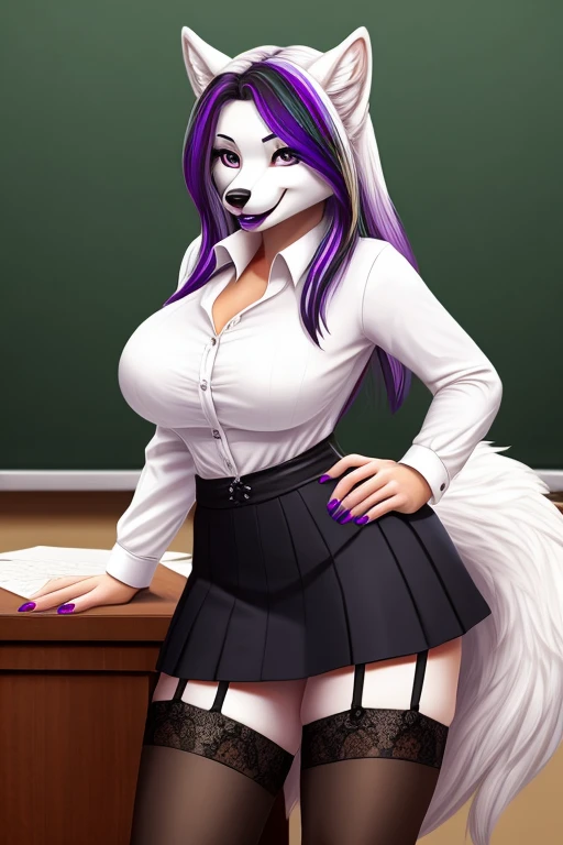 front view, close up view, third person view, a beautiful and detailed portrait of a female feral mephitid, skunk, ((blue body, white skin, long hair, white hair, green eyes)), tail, kenket, voluptuous, Ross Tran,ruan jia, trending on artstation,foxovh, cenematic lighting, curvy_figure, nipple outline, cleavage, voluptuous, vip, , shrink body, mature, teen, ((18 years old)), full body, lookin at viewer., standing, pose, happy, ((arms behind body)), big , big , big , big , (((white school shirt, black skirt, nipple outline)), front view, front shot, classroom,