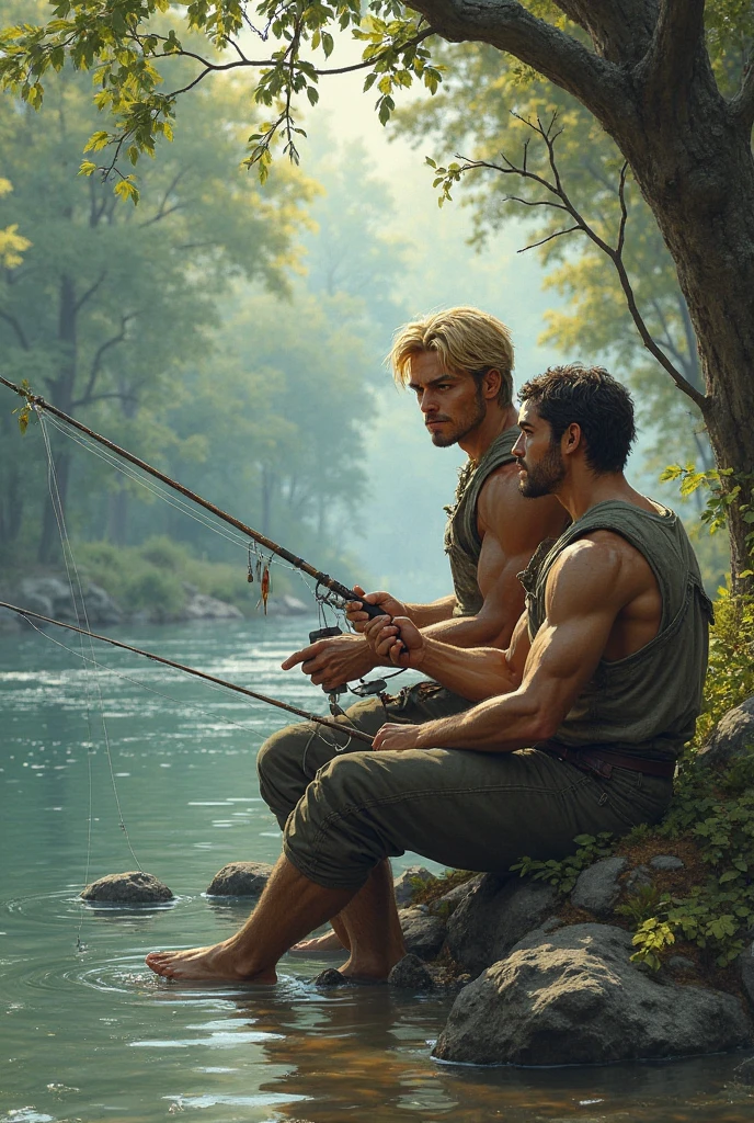Two mid- twenty men warrior, archers, with bows and arrows, and small daggers in their waists, one is more muscular, and has blond hair color, Crossing the sea, in front of them is a be beautiful Island