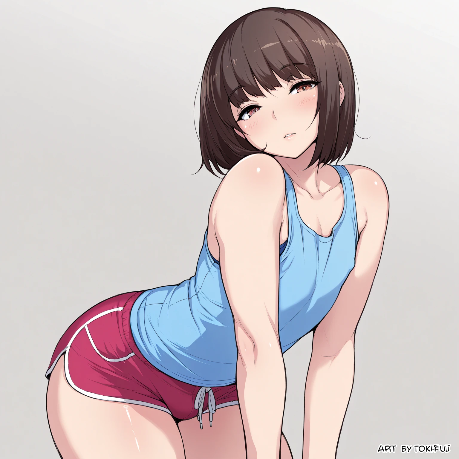 (Perfect body),Best Quality,(8K Portrait),(Official art)、(NSFW)、embarrassed from、:D、(One eye is closed)、(((blush))),(Sweat),(large udder)、((Big ass))、(Brown hair),((short-hair))、(Forehead)、((Parted bangs)), (eyes are brown),(((thick thighs)))、(A Gray Sports Bra)、(Grey sports panties)、((Arms above the head))、Armpits、