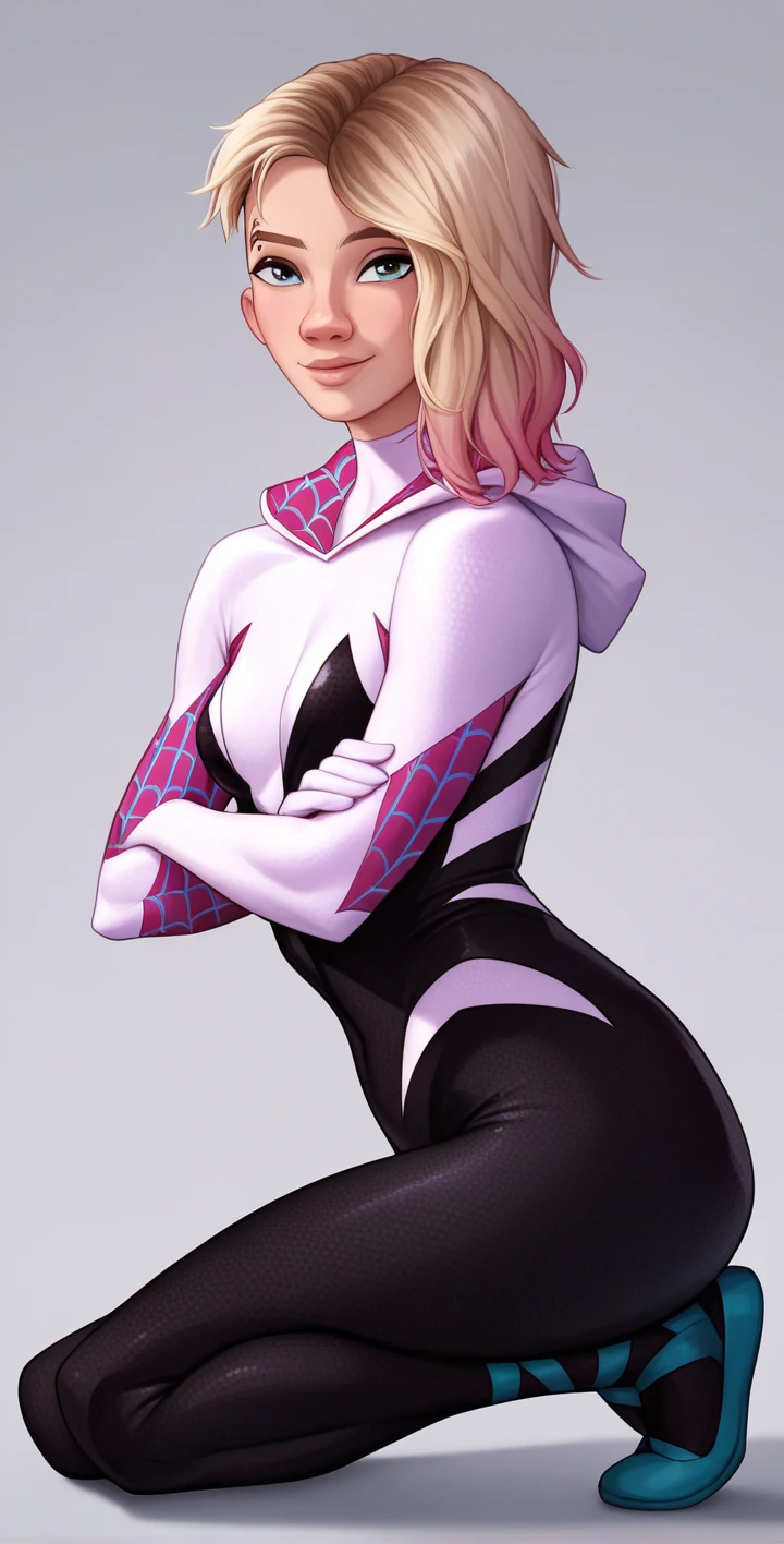 Comic portrait of a pretty Spider-gwen smiling, funny. Cinematic style, Marvel character, Hot body, sexy, sensual, Nice boobs, Glowing, realistic textures. Background in paint Comic style.