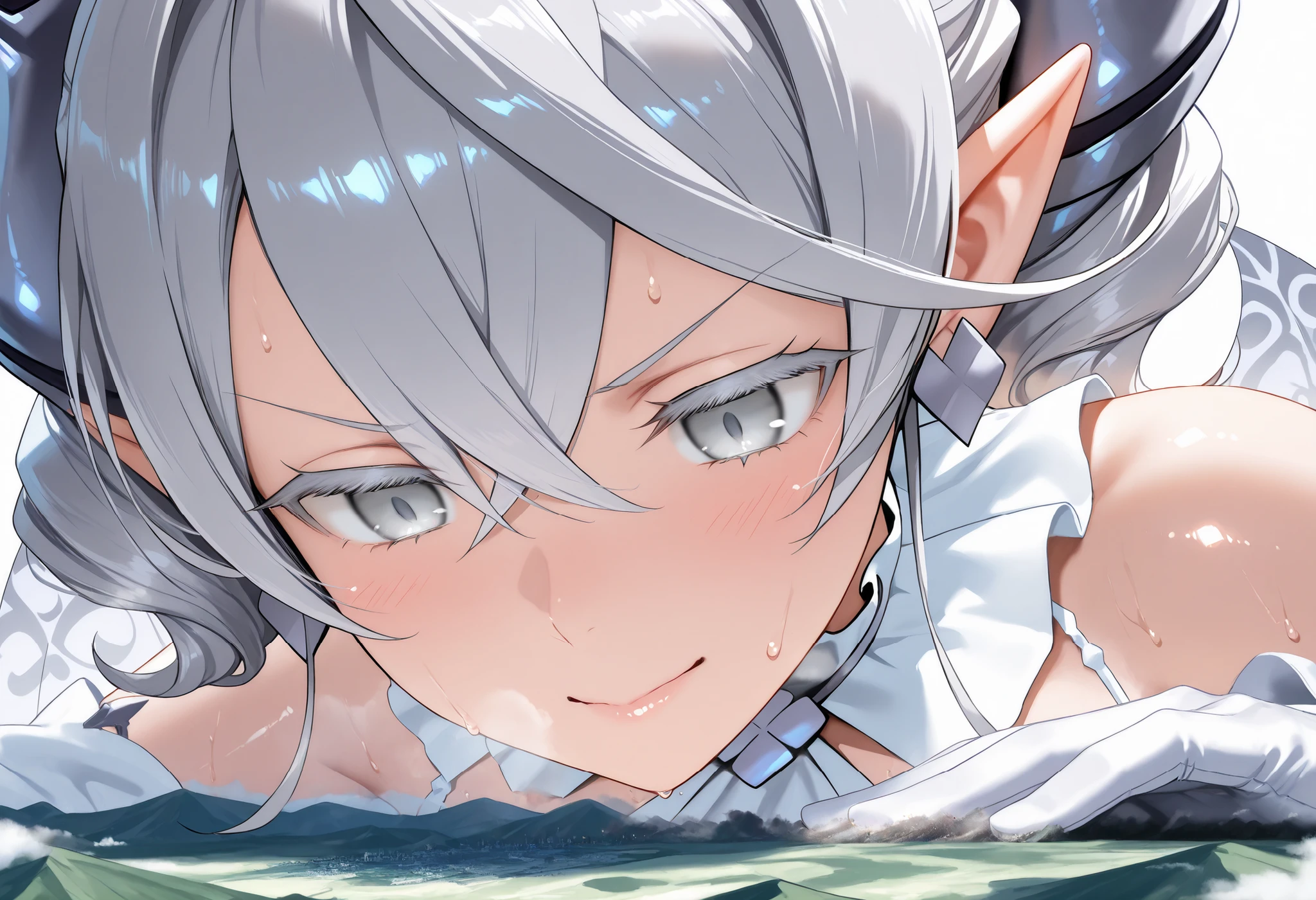 (masterpiece, Highest quality, Ultra-high resolution),1girl, lovely labrynth of the silver castle, demon horns, drill hair, grey eyes, grey hair, hair between eyes, demon horns, medium hair, pointy ears, silver wings, Glossiness, shiny, sweat, steamy, jewelry, cool backlight, glossy skin , shiny skin , glistening skin, Macro, Giantess, Landscape, Aerial Perspective, cool backlight, close up, focus on face,