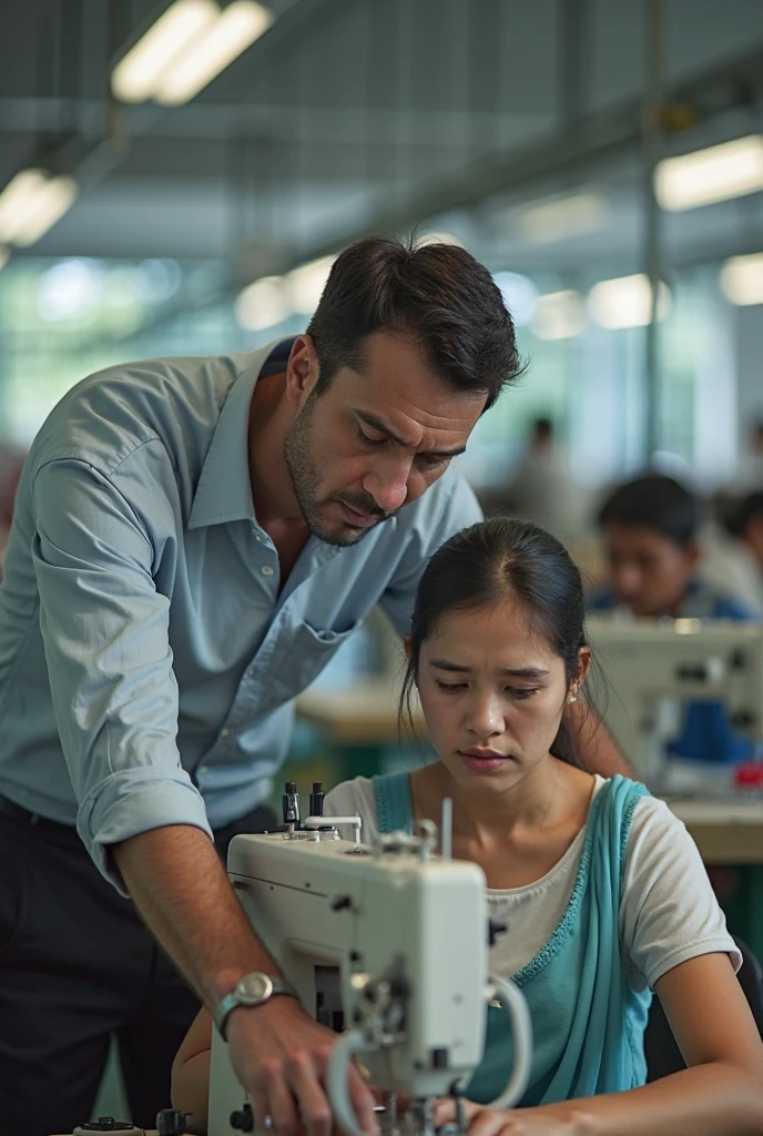 Boy and girl who are at a printer in an office, she is using it, she seems confused and he is ready to help her