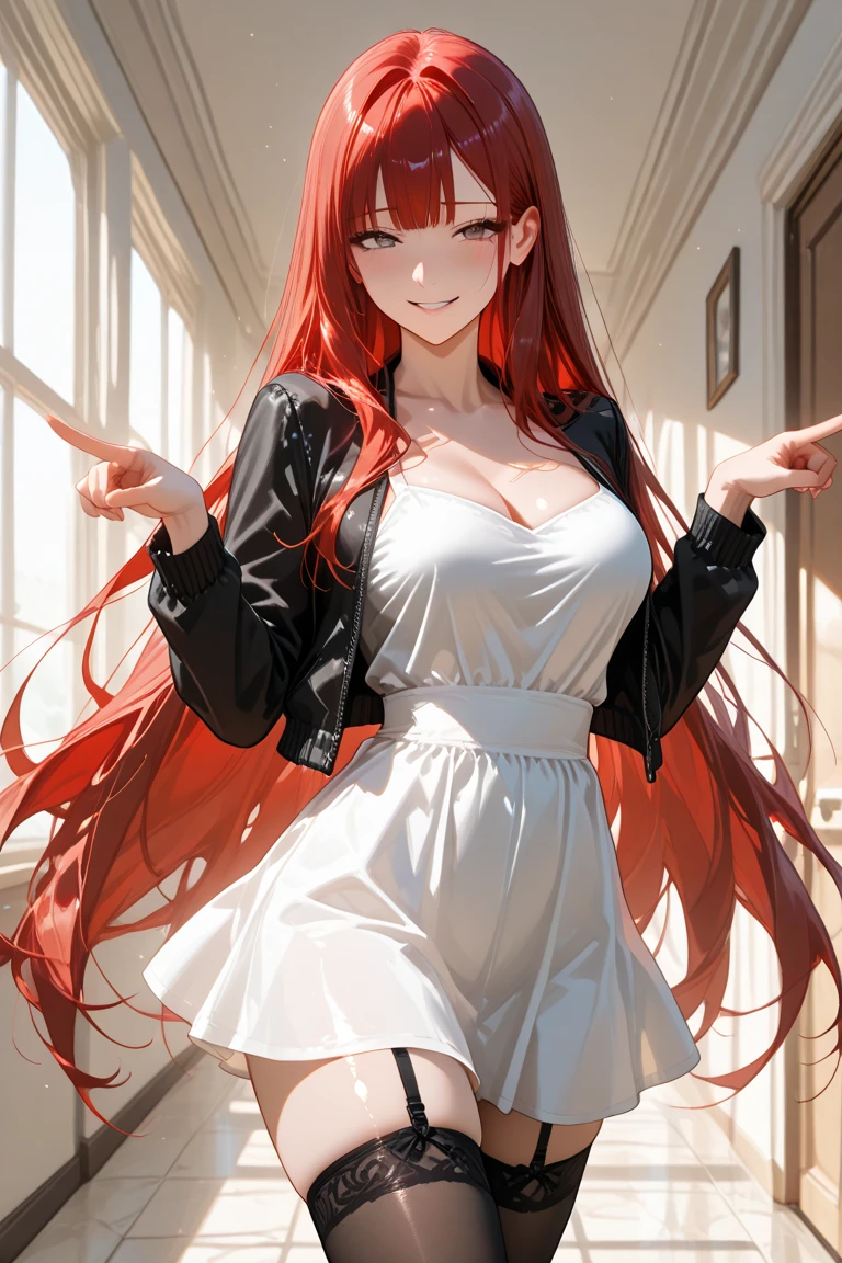 Anime style illustration featuring a young woman with long red hair standing in a red suit. She wears a  consisting of a red blouse and a red skirt, with pink socks. She has her eyes open anime style and in her hands she holds a large sign spread across her, giving a happy and serene expression. totally white background. Her lighting is vivid and lively which enhances her happiness.