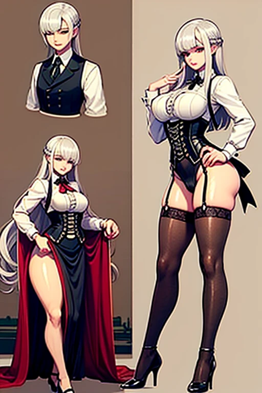 Elegant tall adult woman long white hair light blue eyes large breasts wide hips thick thighs wearing short black shorts with lace details, black corset with gold details and a white blouse with a low neckline in Genshin Impact features