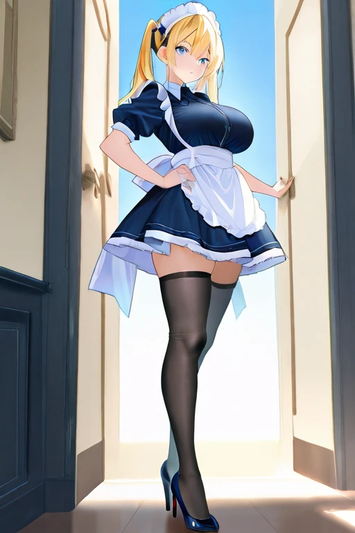 (Masterpiece),Best Quality, ultra-detailed, perfect hands, Delicate eye expression, 1girl (rinko_iori, Sexy, A voluptuous and sexy body, huge breasts,  naked body, dark blue hair,  long hair, blue eyes (empty eye)),closed mouth, Solo, nude,  maid (black, miniskirt),maid headdress,white thighhighs  , skirt lift, in front of the bedroom door, standing, Rinko is lifting her skirt in front of the man sitting in front of her. Full body. Sexy waist teasing,provocative pose, wicked smile,pussy,  cumdrip from her pussy ,Frontal shots