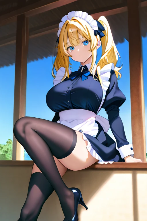 masterpeace, best quality, highres, 1girl, hayasaka ai, solo, blonde hair, maid, blue eyes, side ponytail, hair scrunchie, hair ornament, blue scrunchie, maid headdress, apron, hair between eyes, breasts, long sleeves, bangs, white shirt, black dress, sidelocks, maid apron, black pantyhose, cowboy shot, masutepiece, Best Quality, Illustration, Ultra-detailed, finely detail, hight resolution, 8K Wallpaper, Perfect dynamic composition, Beautiful detailed eyes, Natural Lip,Blazer ,Collared shirt, cleavage, ((skirt lift by yourself))),(lifted by self),(Showing panties),panties on,panties focus,((Sit up,spread legswide))、show me panties、Open your eyes、looking at the viewers、provocative smiling、huge smile、Smile big、Provocation by spreading legs and showing panties、((Sit up,spread legswide、Spread your legs wide、Spread your legs wide、Show me your panties、Open your legs wide to show off your panties.、Show me your panties、Do fancy nails