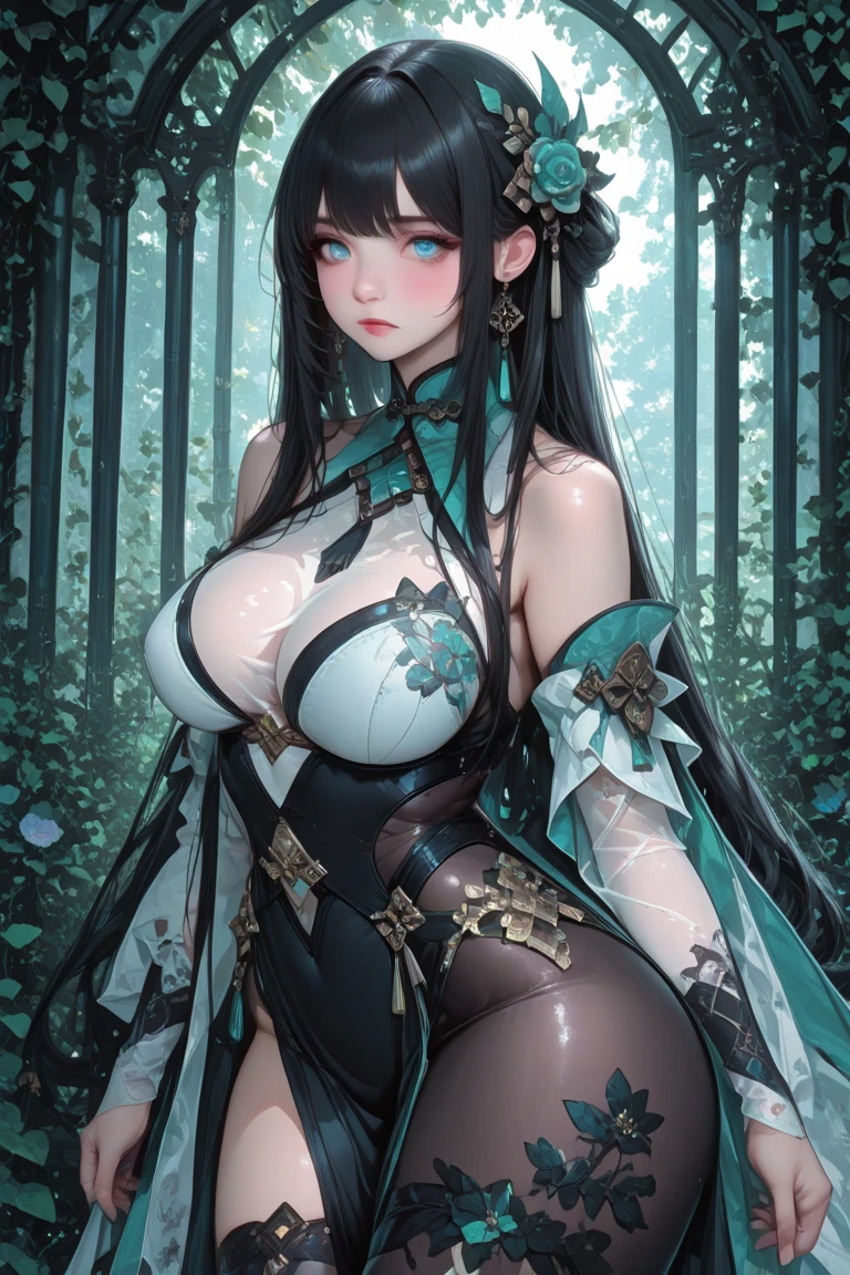 (An unparalleled masterpiece, Side light, Exquisite and beautiful eyes: 1.2), ultra-actual 8k CG, perfect work of art, Upper body, shiny hair, glowing eyes, skin shiny, actual, 3d face, underboobs, huge breasts, perfect female figure, aldult, milf, Yao Liu, looking at the audience, lace, lace trim, Tempting pose, sexy pose, Tempting, prestige, Gorgeous, luxury, jewelry, gem, Kaneko, Silver, diamond, flash, 蓝gem, 红gem, emerald, pearl, amber,