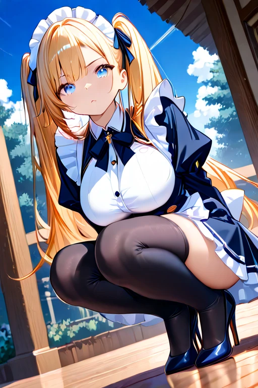 (((masterpiece))), (((best quality))), ((ultra-detailed)), (illustration), ((an extremely delicate and beautiful)),
Situation 1girl, Solo,Looking at Viewer,
Hairstyle Long hair, Bangs, Blonde hair,braid, Ahoge,Twin-tailed, ((twin braids)),(flipped hair),(messy hair),volumey,(low Twin-tailed),absurdly Long hair,
顔
Green eyes,happy,smile,open mouthbody typebreasts,large breasts,thighs,thighhighs,white thighs, ,(junior high school student),
ClothingSkirt, gloves, pleated Skirt, frilld, zettai ryouiki, Capelet, garter strap, white Skirt, Underbust, blue gloves,Cross-laced clothes,(blue Capelet), Underbust,straplessdress,(knee high socks),white knee-high socks,(sleeveless),cleavage cutout,
Decorative choker,Bow, bow ribbon, hair Bow,Red bow ribbons,Cross,Cross choker,Cross earrings,
Pause
,letemeraire, ass focus,