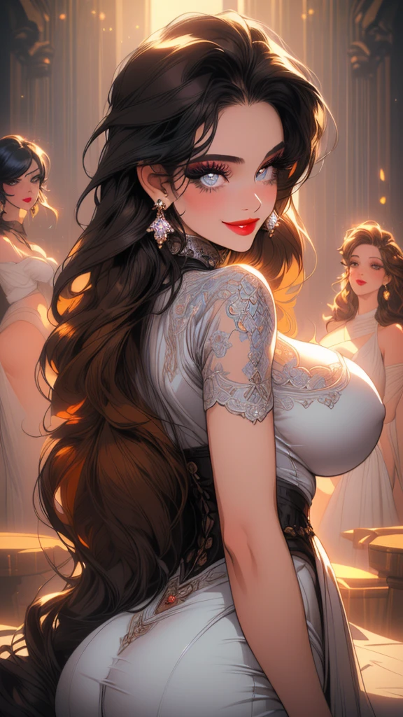 Highest quality, Highest Resolution, Tabletop, Ultra-detailed, Beautiful woman, (Curly hair in black braids), Long Hair, Golden Eyes, Pink Lips, Luxury hotel bedroom windowsill, Inside the room, sunlight, Bright light, Embarrassed expression, Large Breasts, Big Hips, Flowing Hair, (Lying in bed), whole body, Front view, White Lingerie Set、Laughter, ((Face close-up))、Face close-up